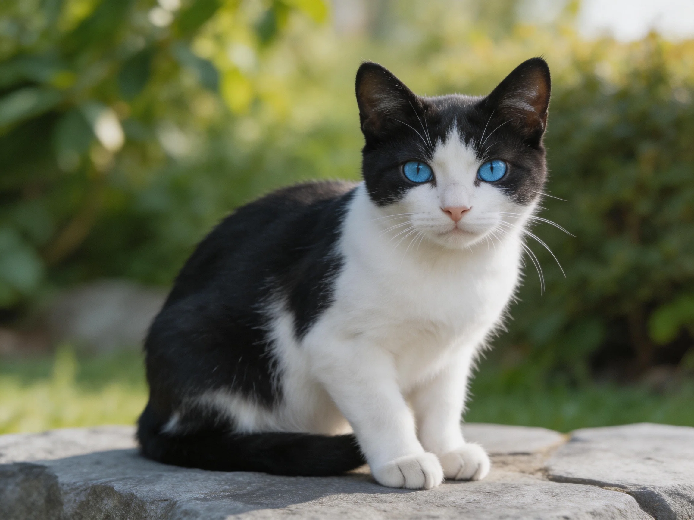 A black-and-white cat with blue eyes sits on a stone ledge in a green outdoor area.