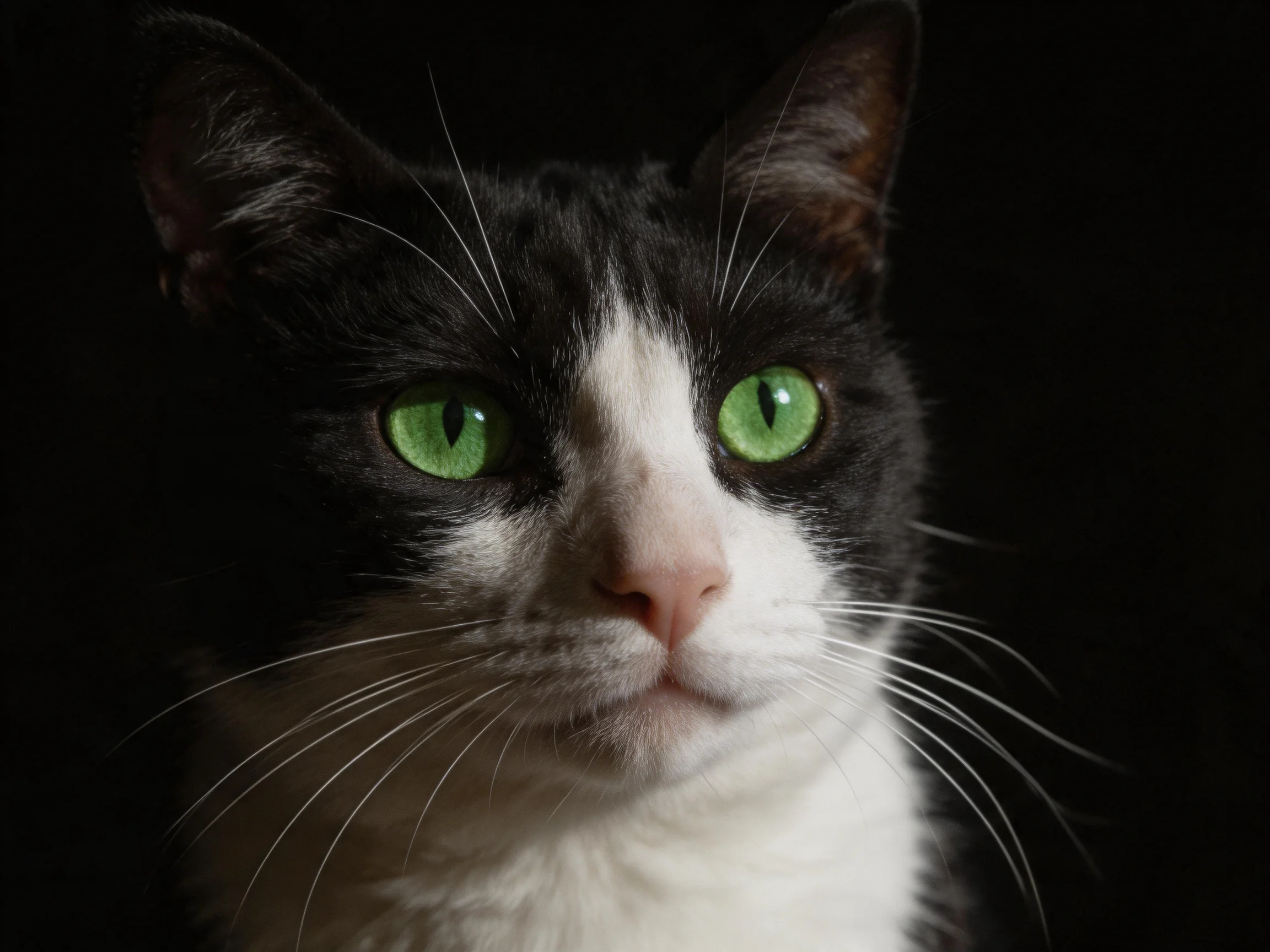 A black-and-white cat with bright green eyes against a dark backdrop