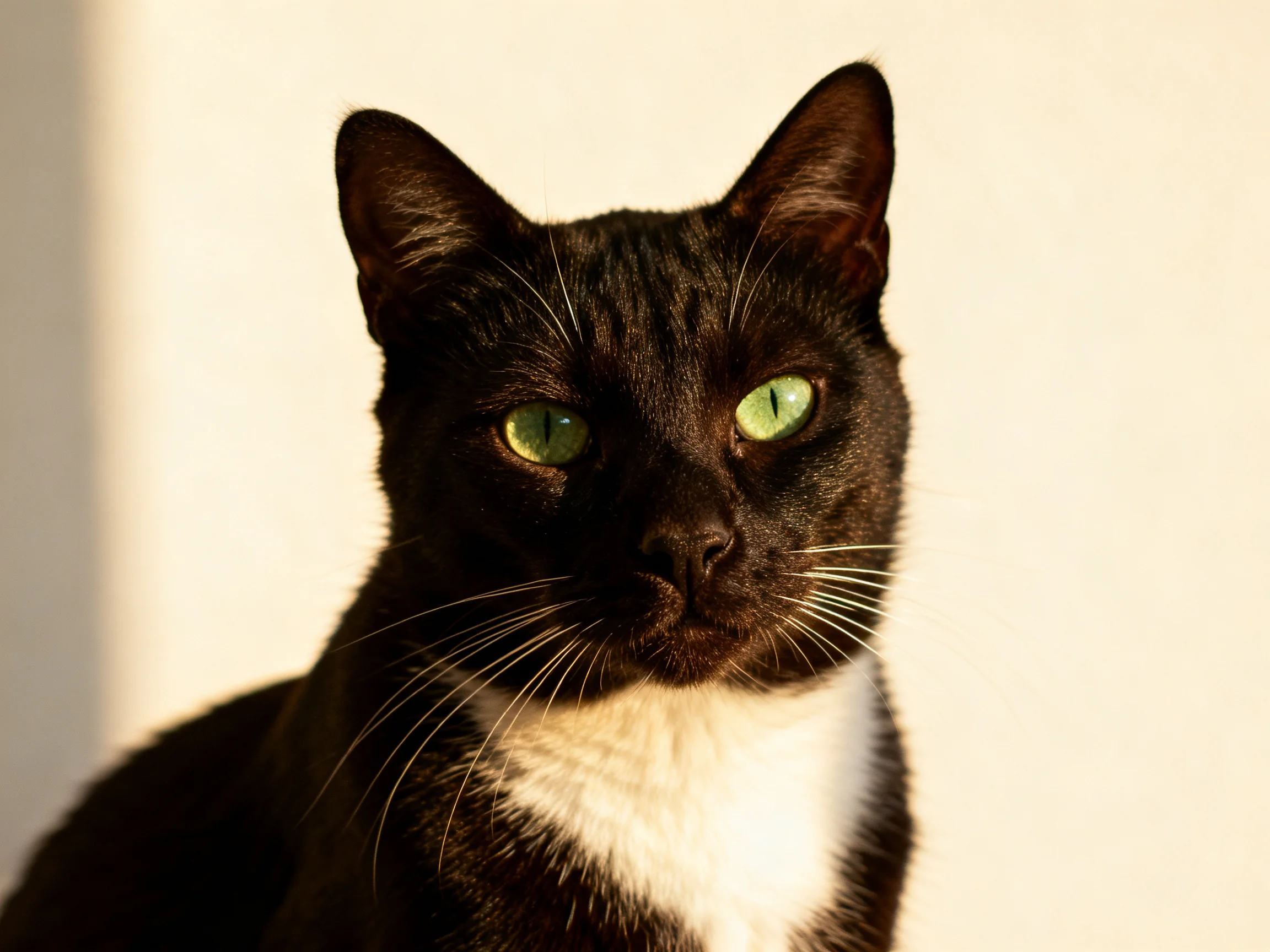 A black and white cat with green eyes sits near a plain wall.