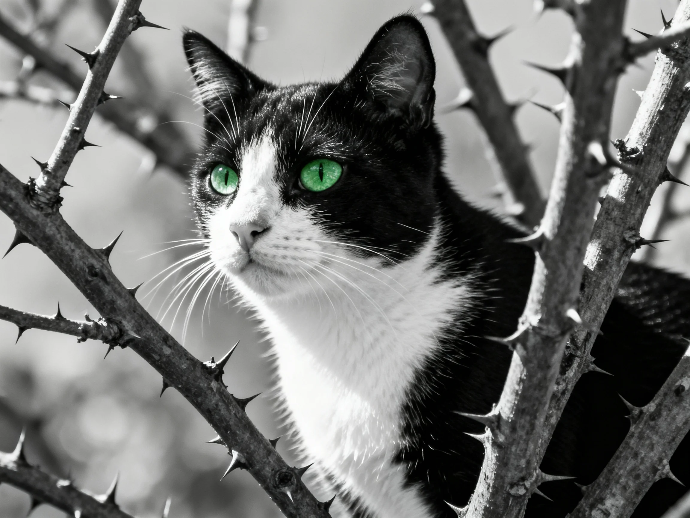 A black-and-white cat with bright green eyes among thorny branches