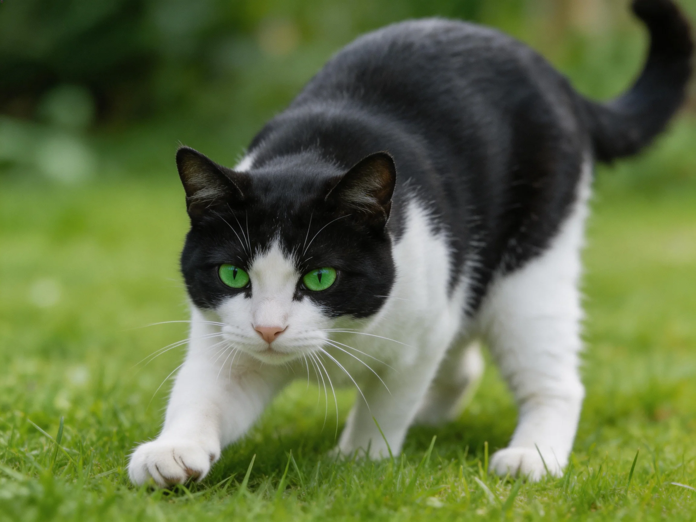 A black and white cat with green eyes moves cautiously on grass.