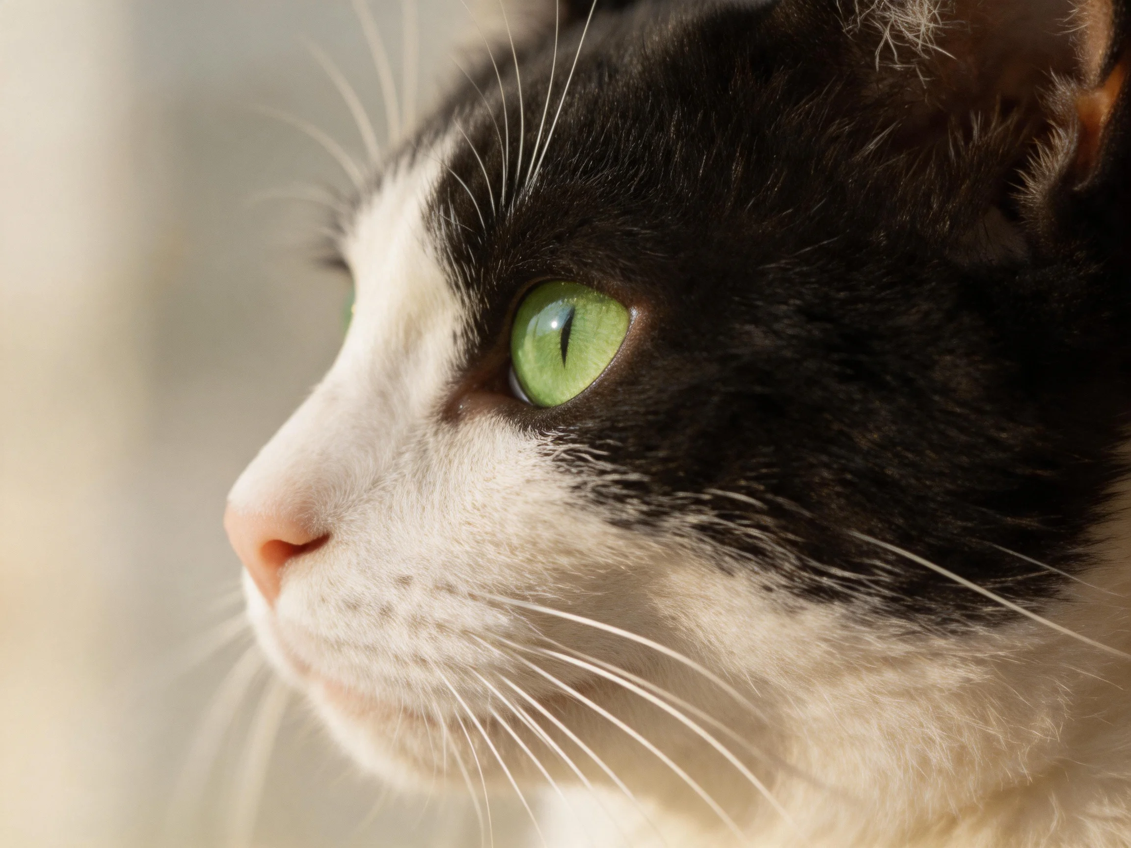 A black-and-white cat with green eyes looks off into the distance
