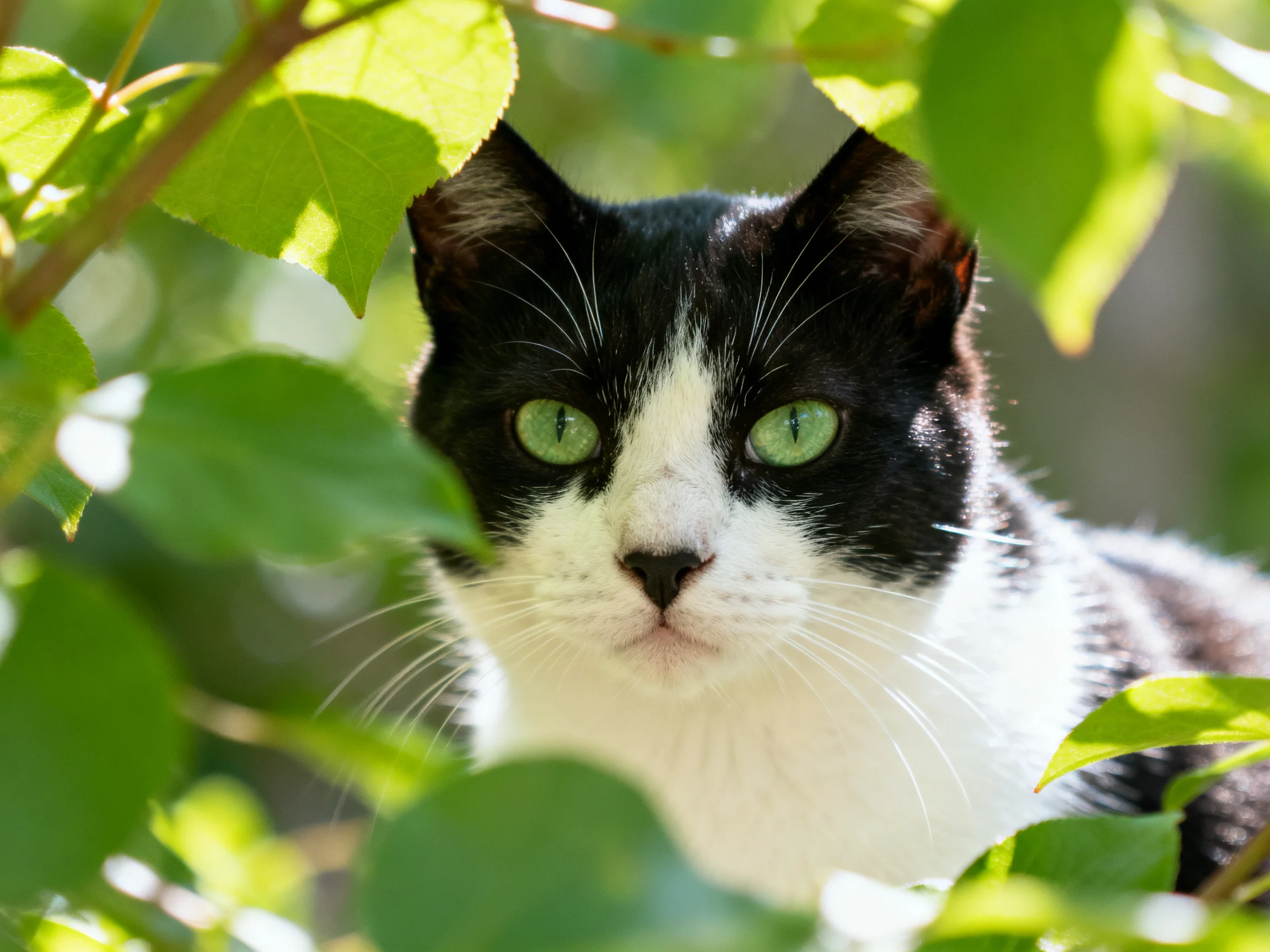 A black-and-white cat with green eyes is partially hidden by green leaves.