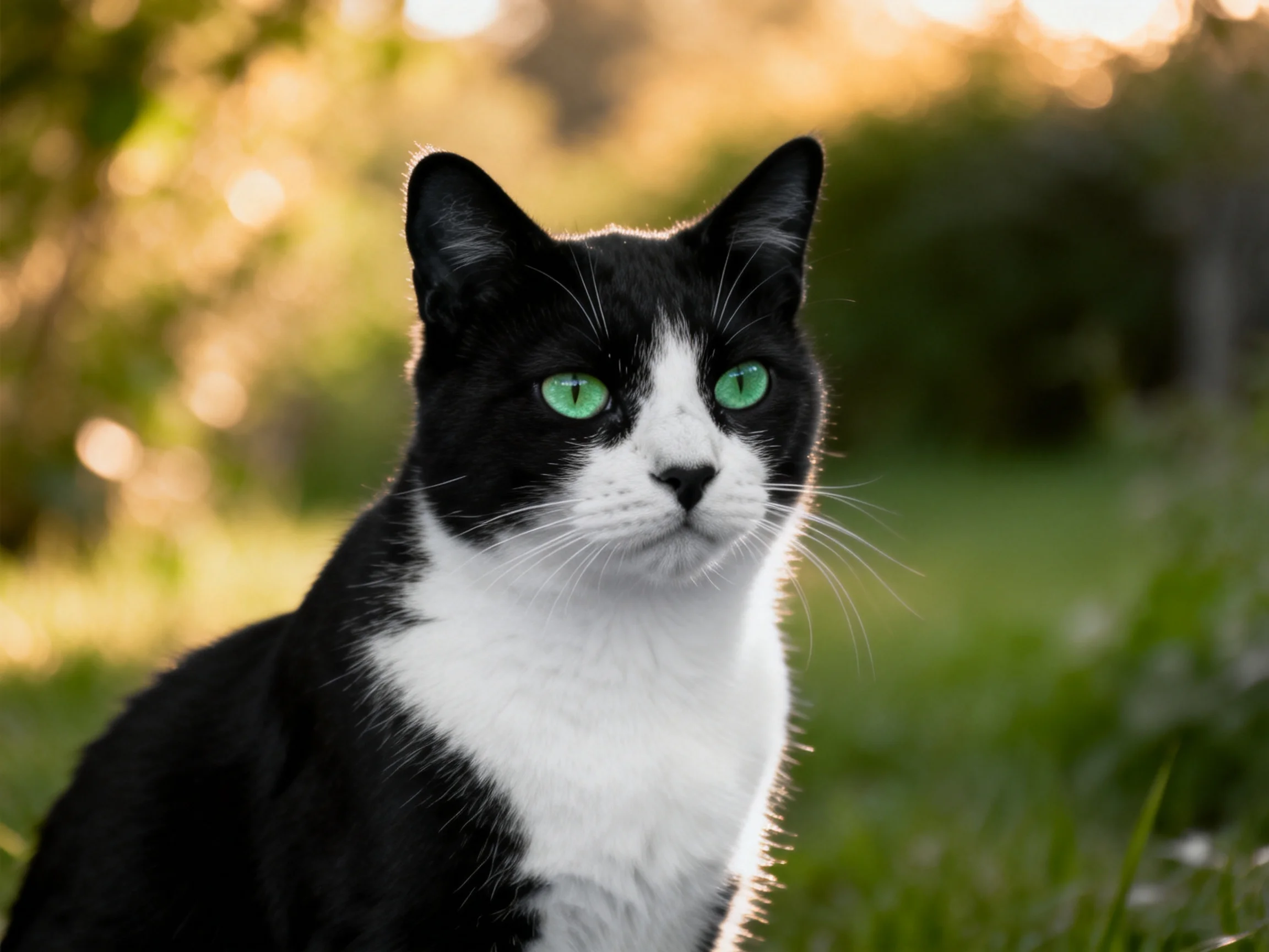 A black-and-white cat with green eyes is in a sunlit outdoor area.