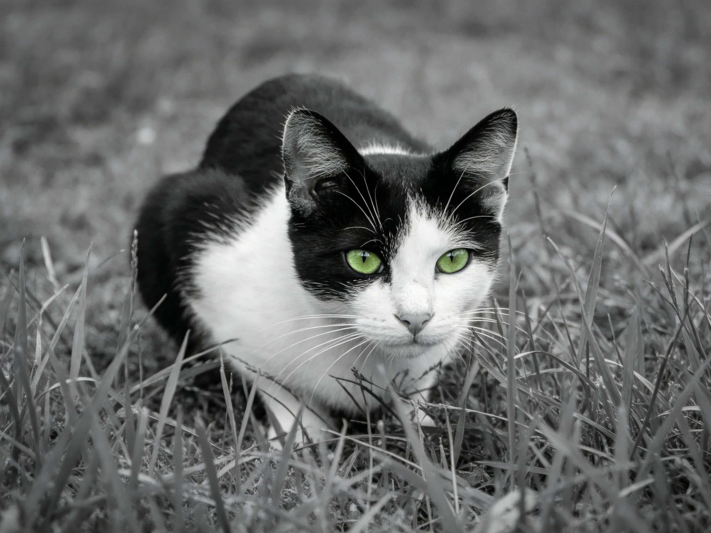 A black-and-white cat with bright green eyes rests among tall grass.