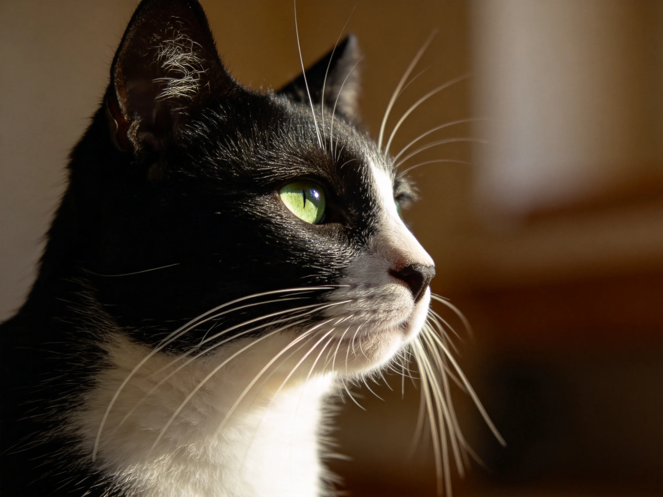 A black and white cat gazes thoughtfully in a softly lit room.