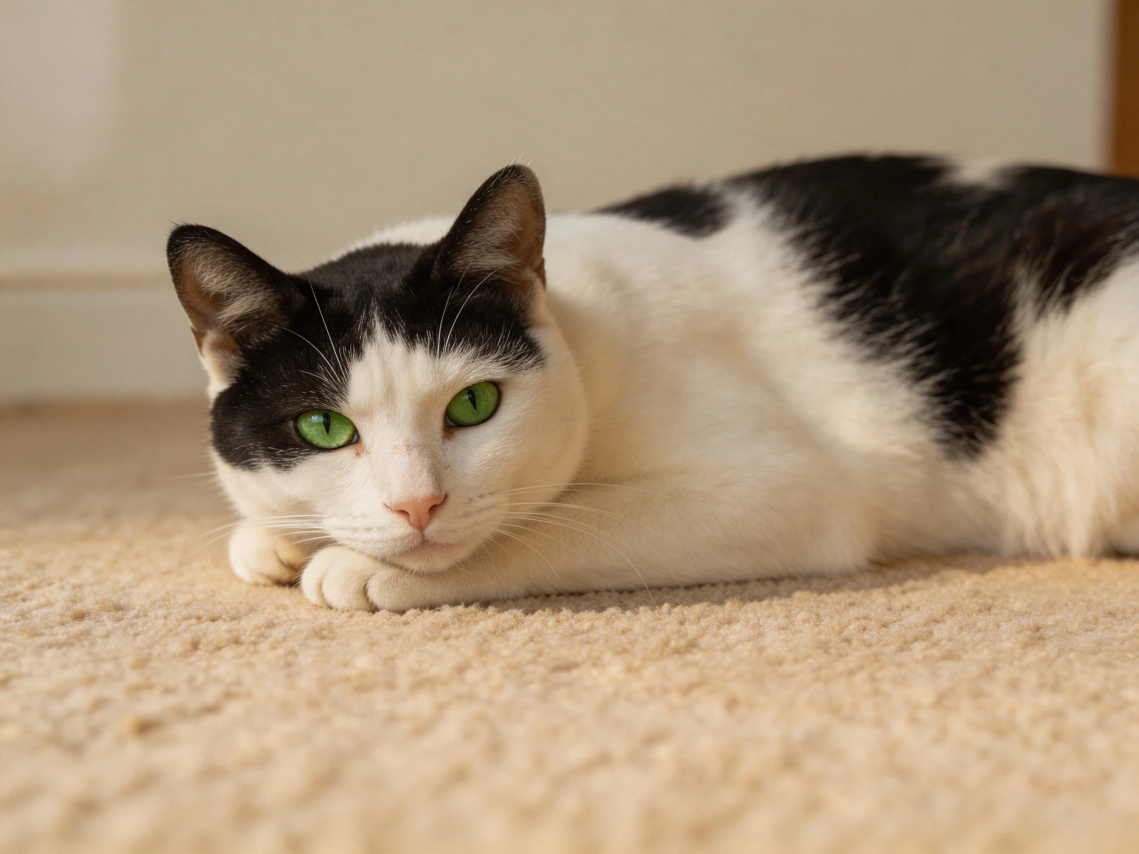 A black-and-white cat with bright green eyes lies on a beige carpet
