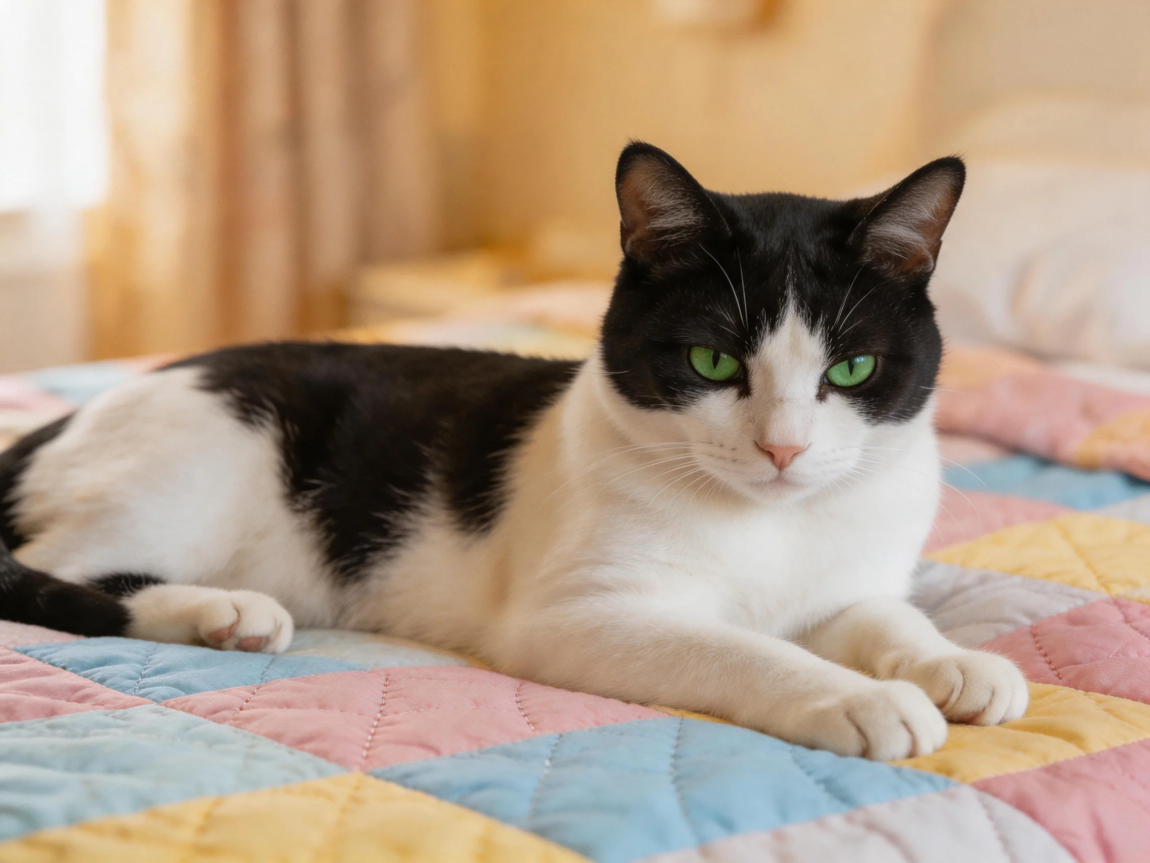 A black and white cat with green eyes rests on a colorful quilt indoors