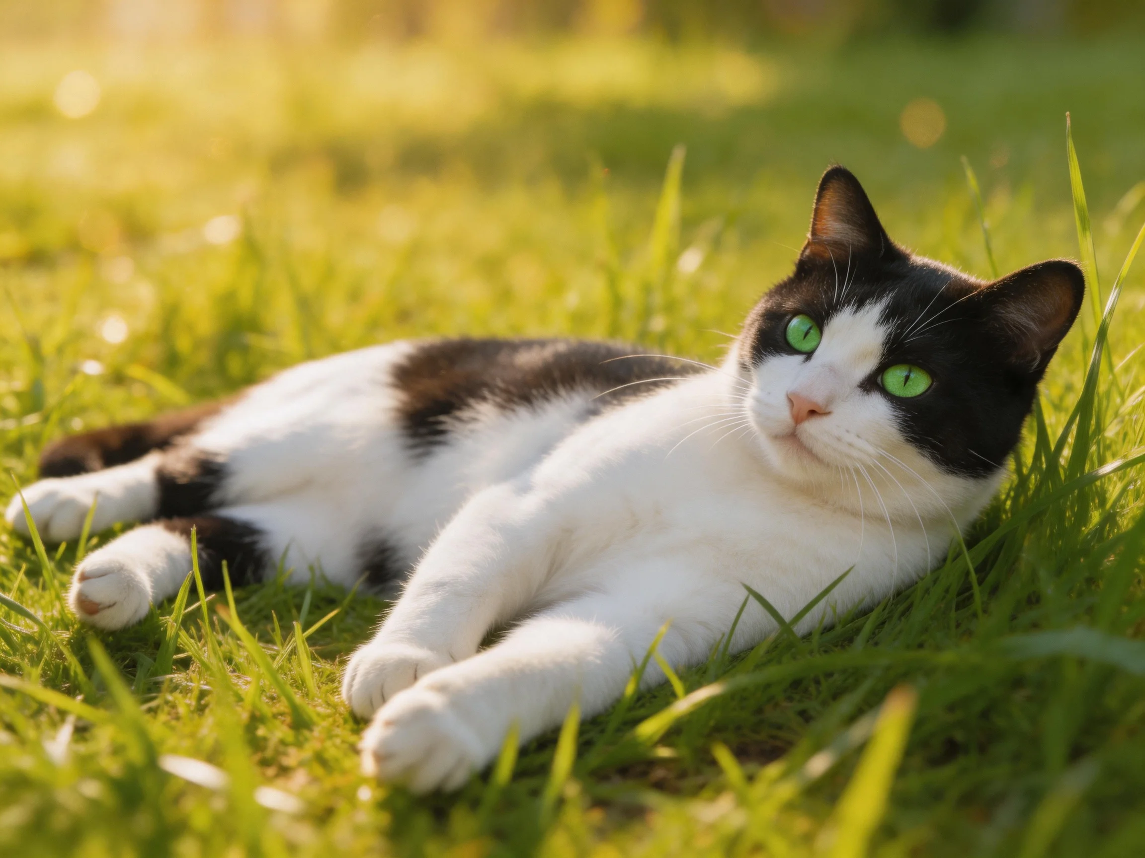 A black-and-white cat with green eyes rests on grass.