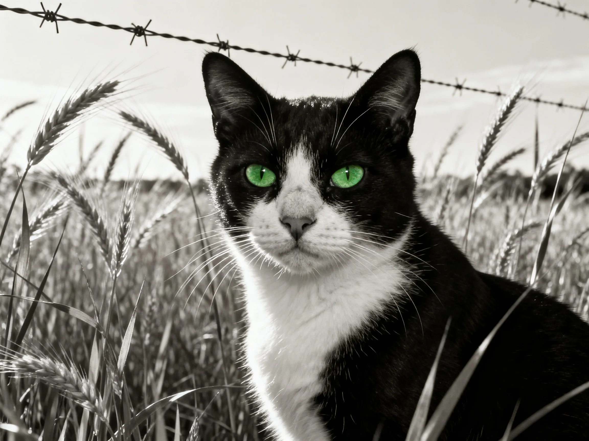 A black-and-white cat with vivid green eyes sits among tall wheat stalks near barbed wire.