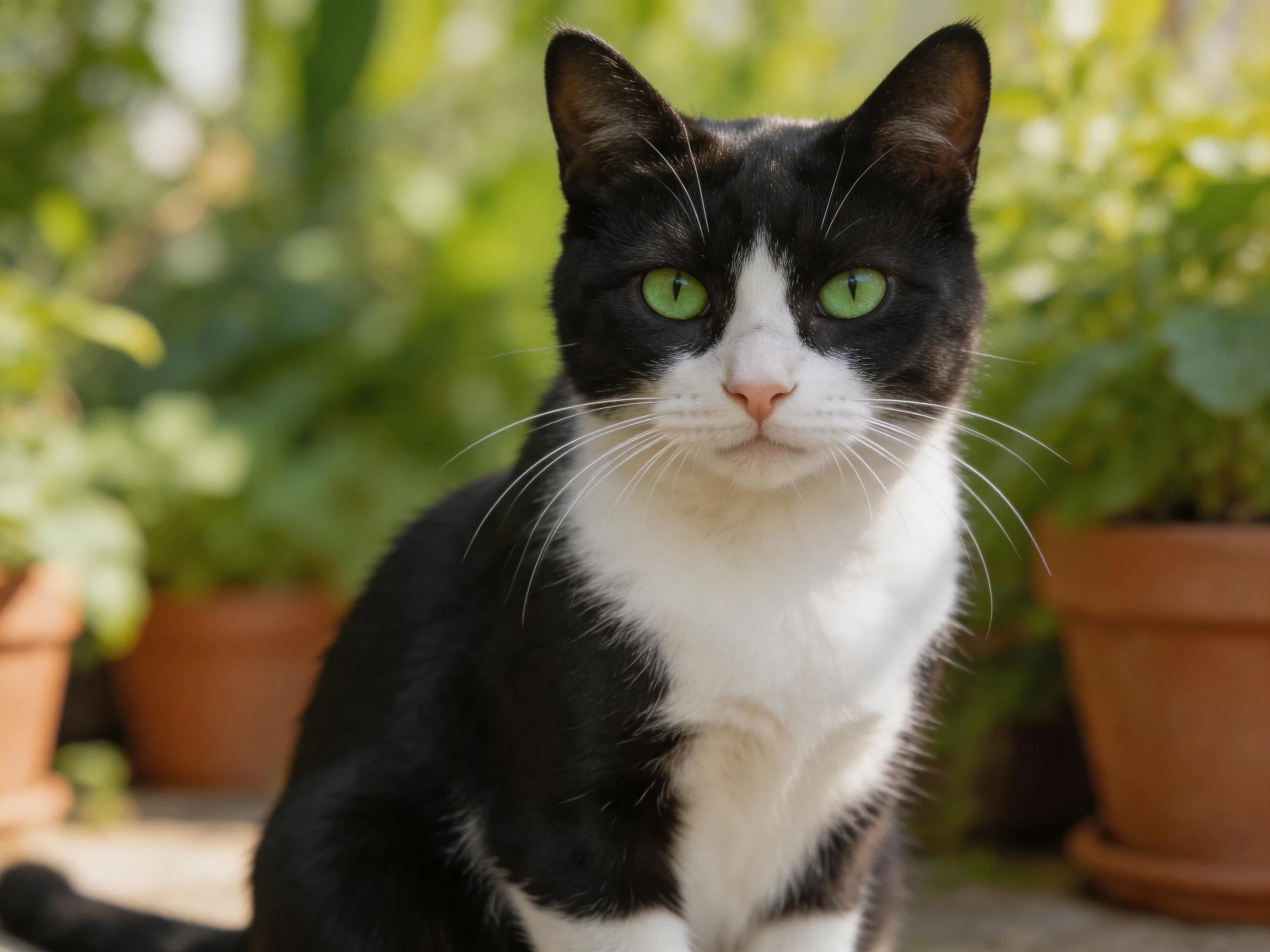 A black and white cat with green eyes sits among terracotta planters in a sunlit area.