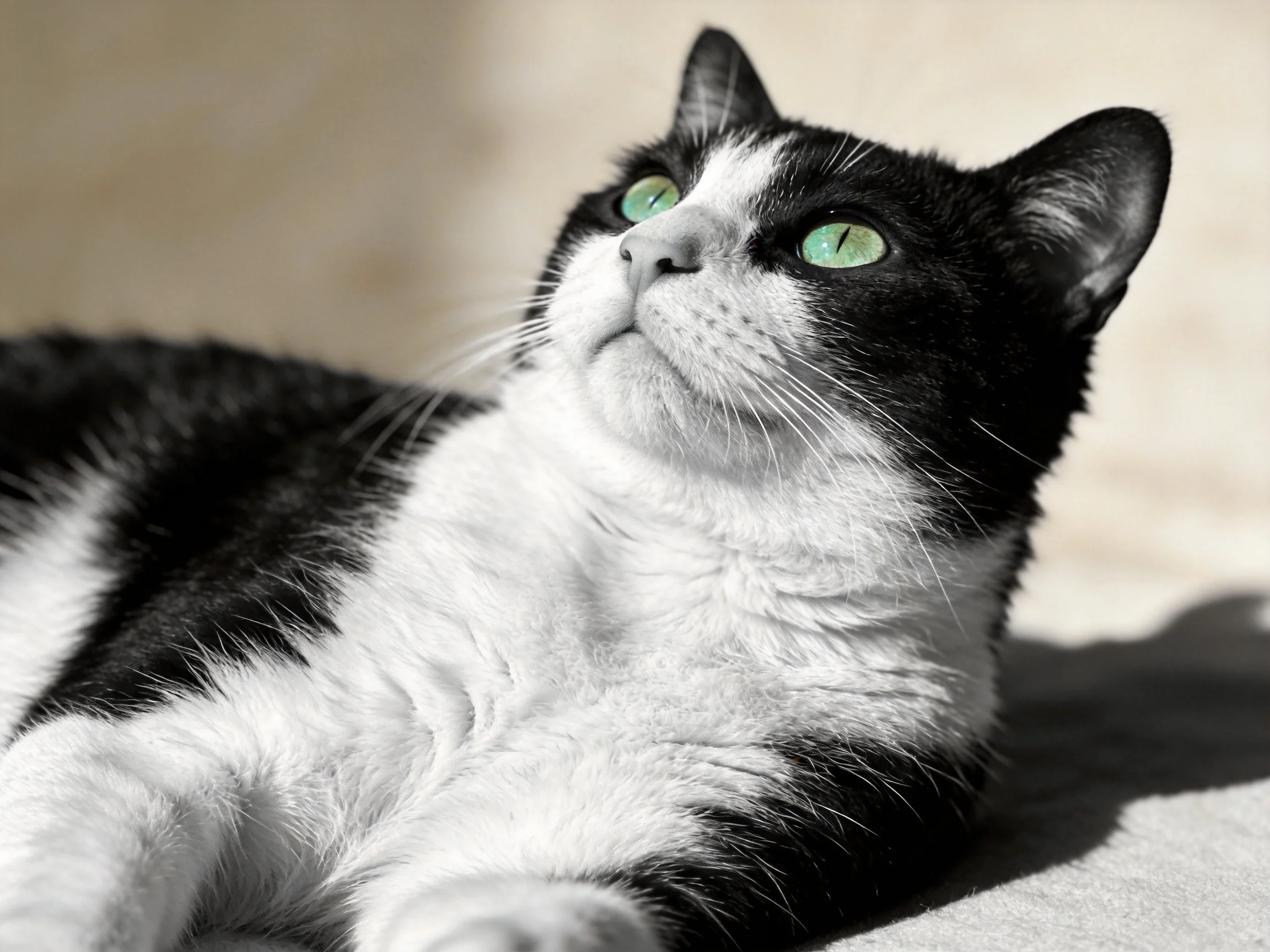 A black-and-white cat with bright green eyes relaxes in sunlight