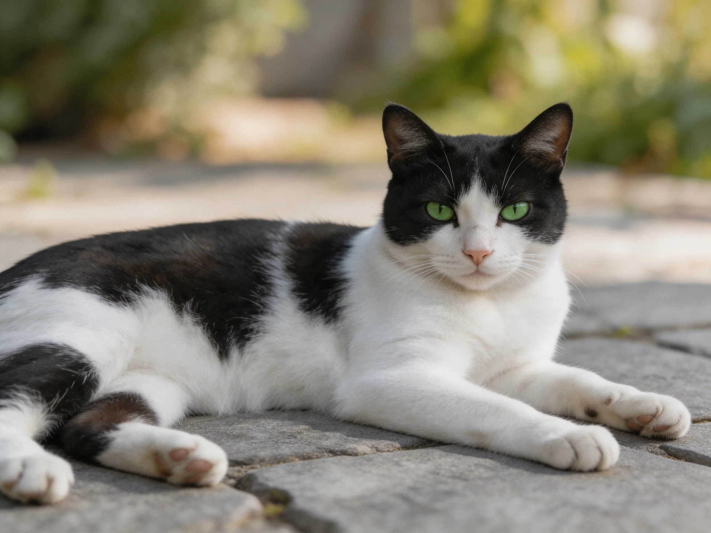 A black-and-white cat with green eyes lies on stone pavement in a sunlit outdoor setting.