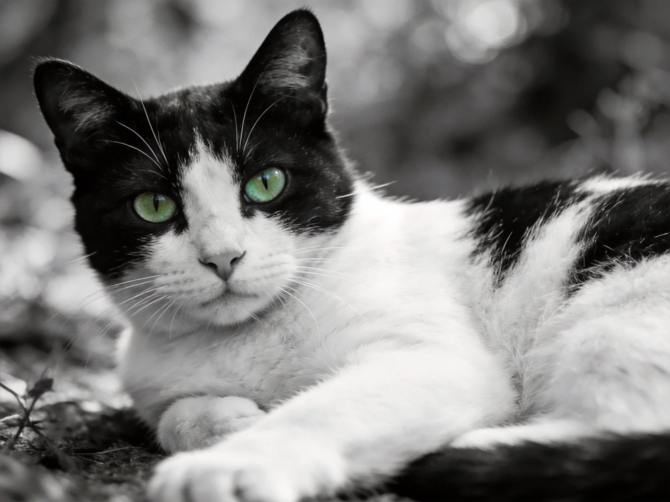A black-and-white cat with bright green eyes rests peacefully outside.