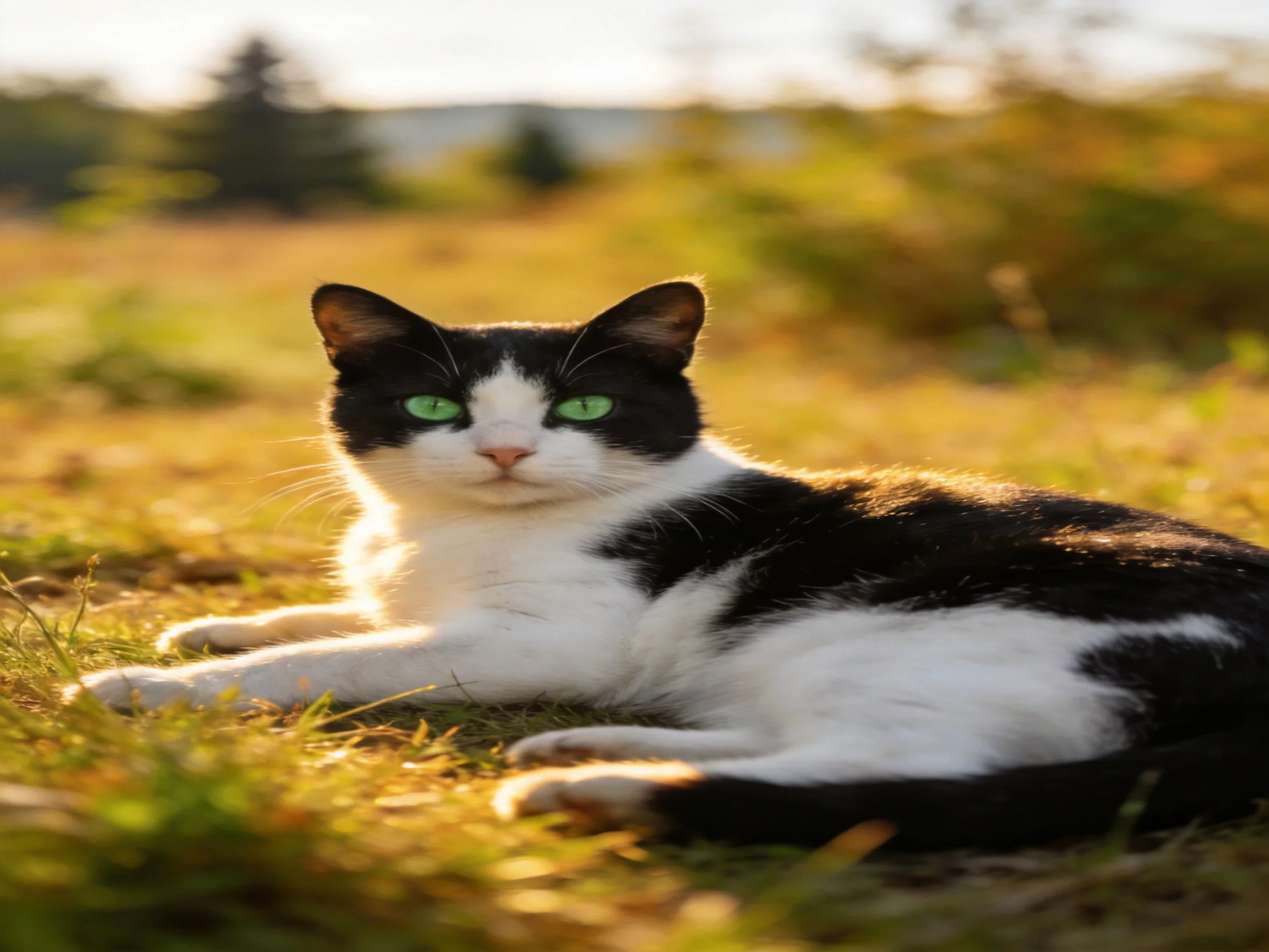 A black-and-white cat with green eyes relaxes on grass in a sunlit outdoor area.