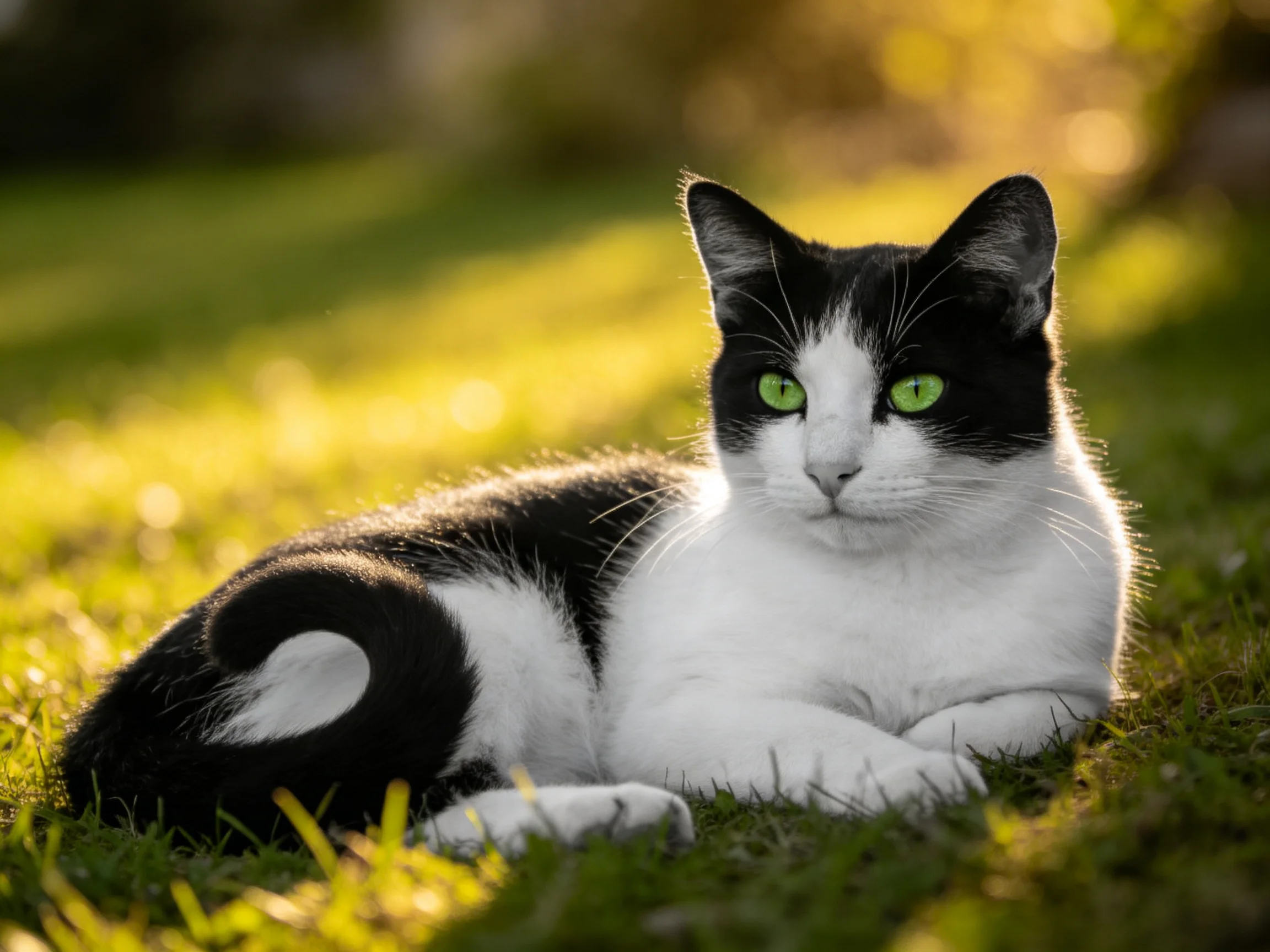A black-and-white cat with green eyes relaxes on grass in a sunlit area.