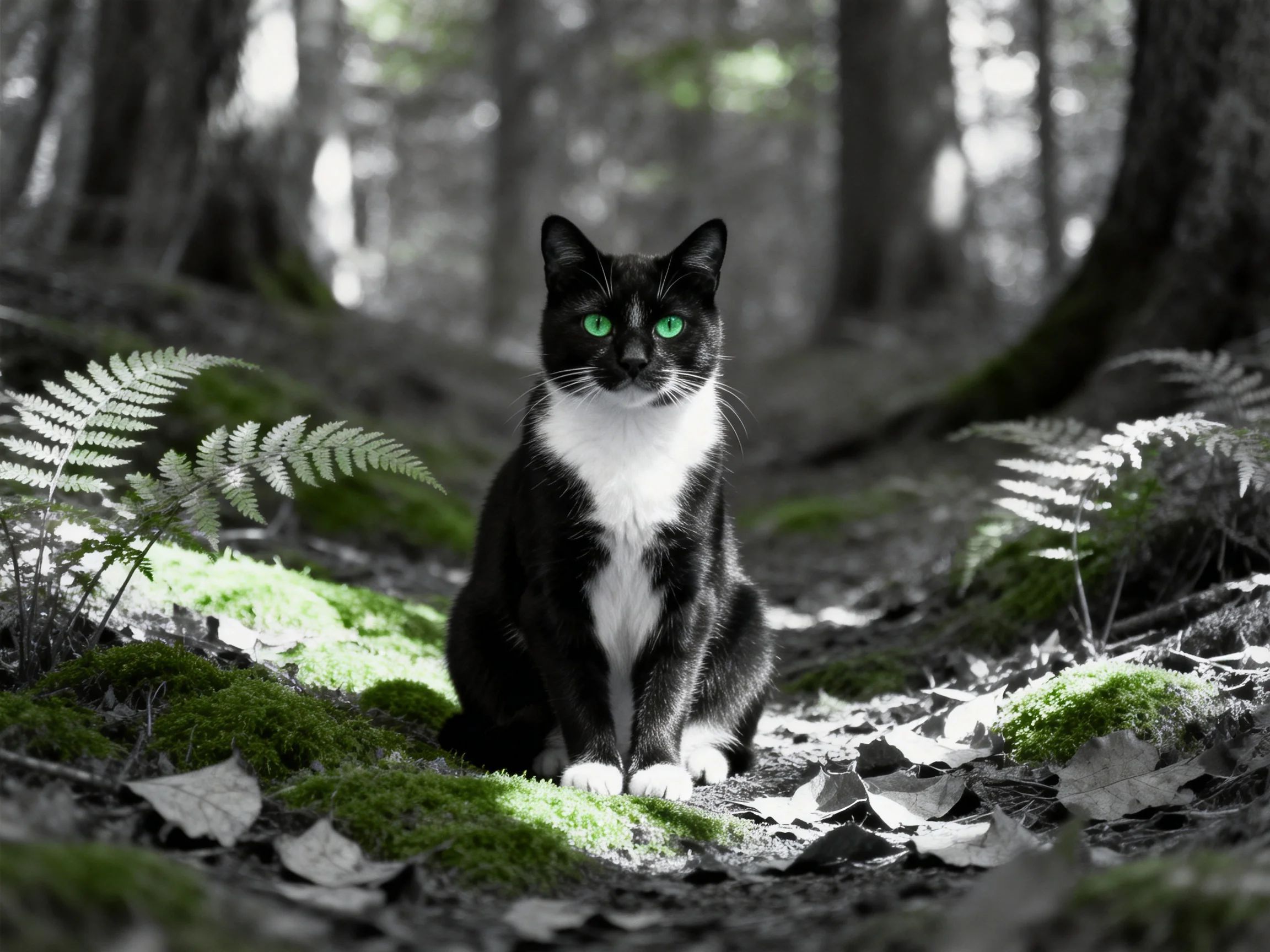 A black-and-white cat with green eyes rests peacefully in a moss-filled woodland area.