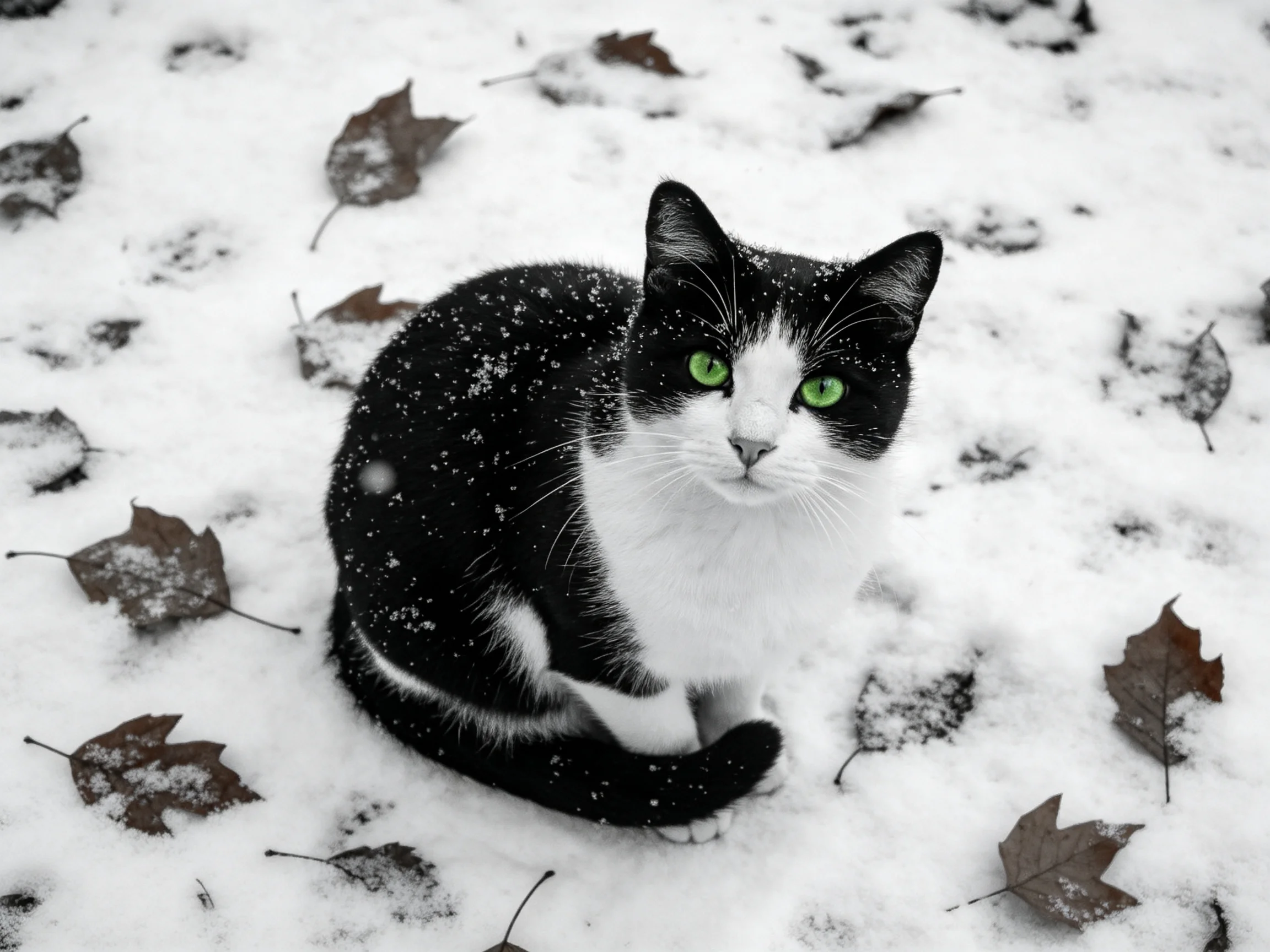 A black-and-white cat with green eyes rests on snow-covered ground among fallen leaves.