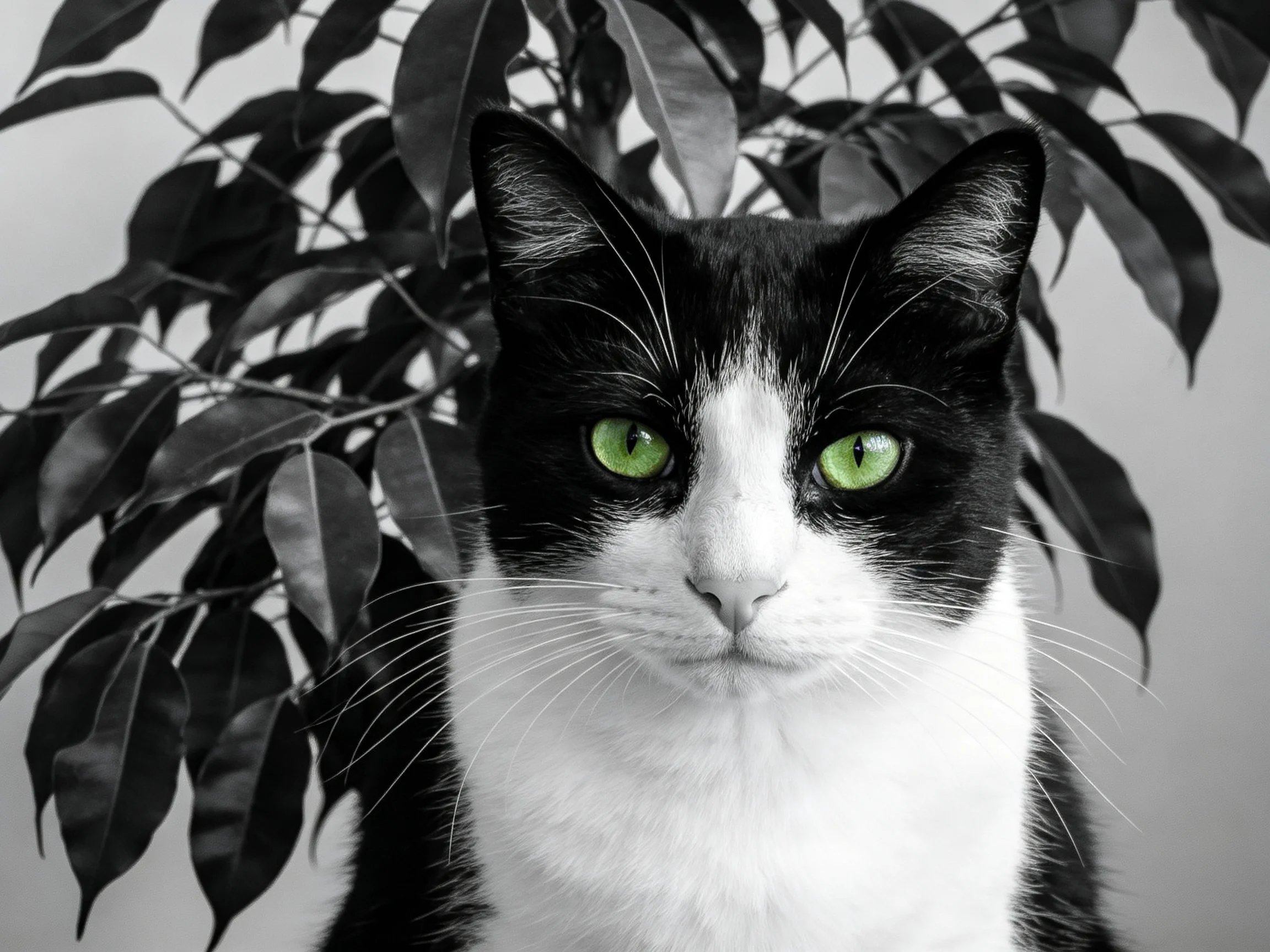 A black-and-white cat with green eyes is near dark leaves