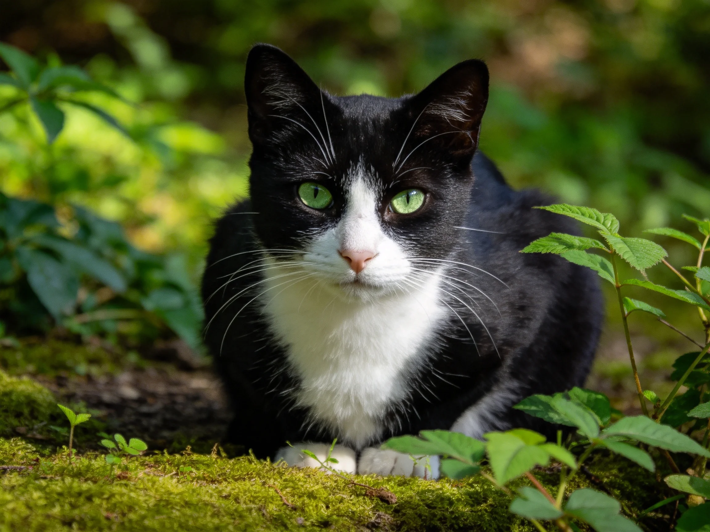 A black-and-white cat with green eyes rests among green plants in a sunlit setting.