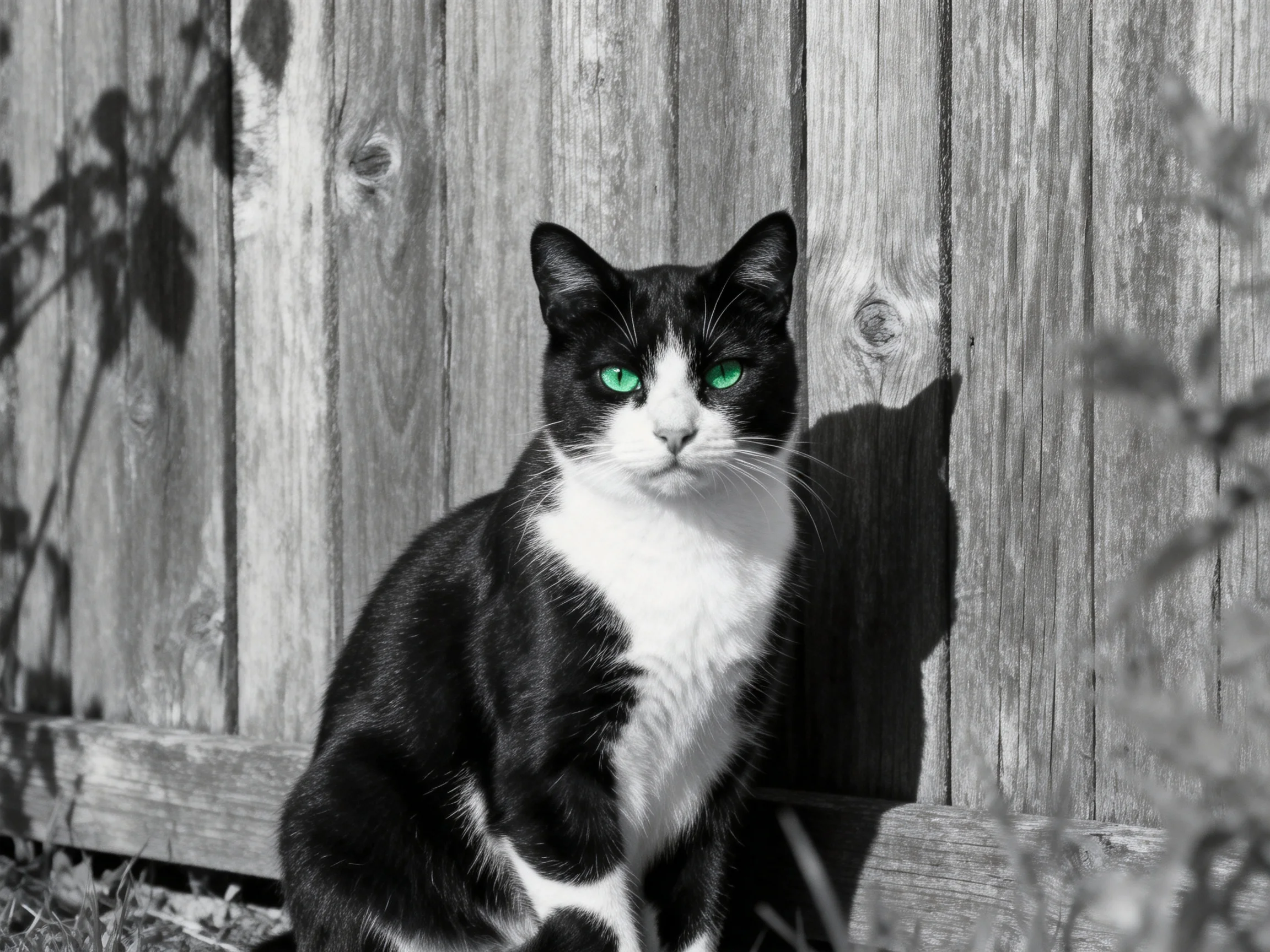 A black-and-white cat with green eyes rests beside a weathered wooden fence.