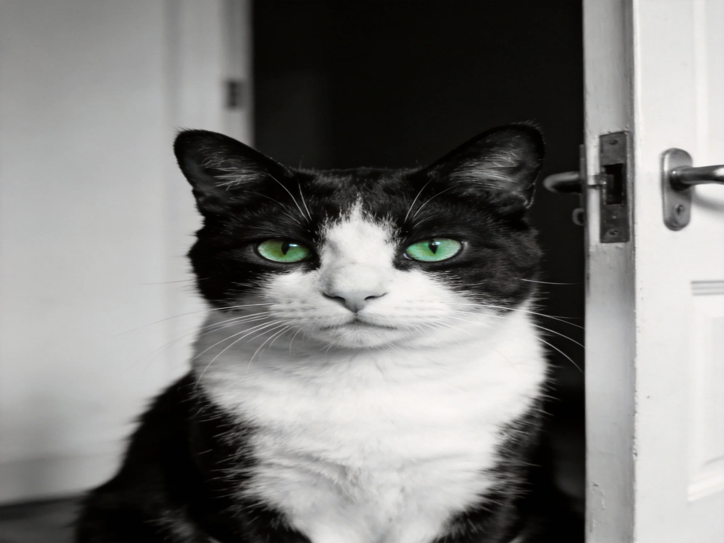 A black-and-white cat with green eyes sits near an open doorway.