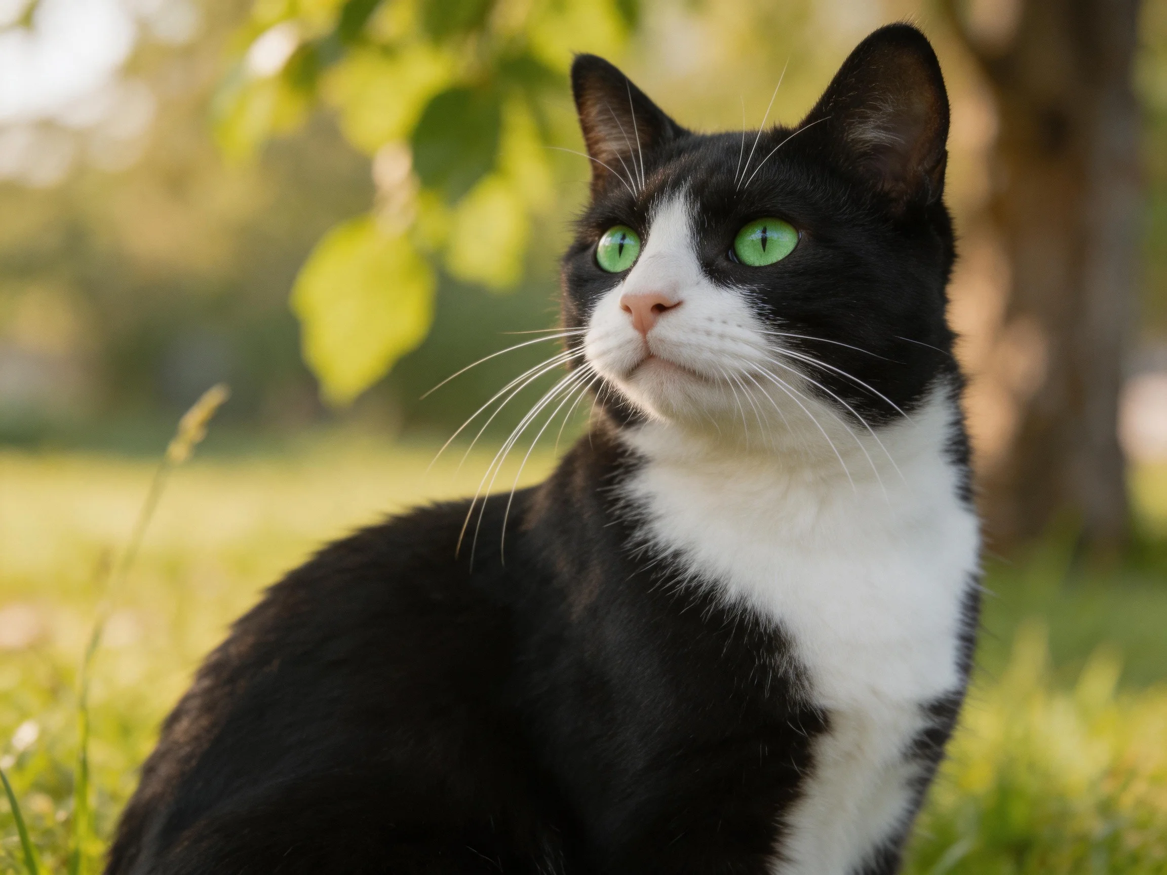 A black-and-white cat with green eyes sits in a sunlit outdoor area.