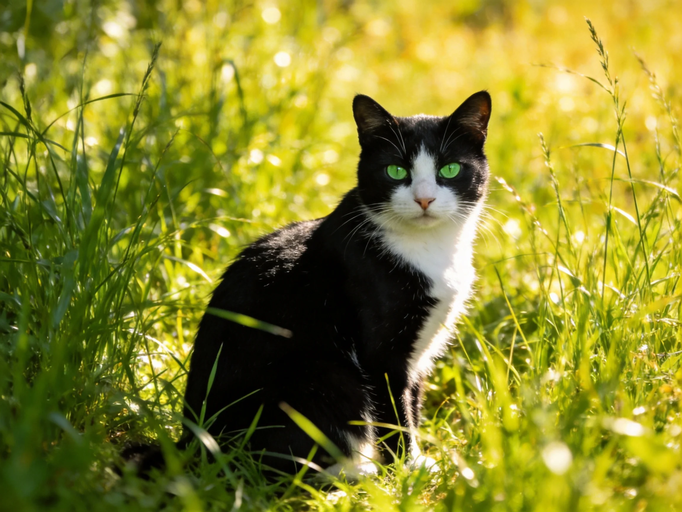 A black-and-white cat with green eyes rests amid tall,sunlit grass.