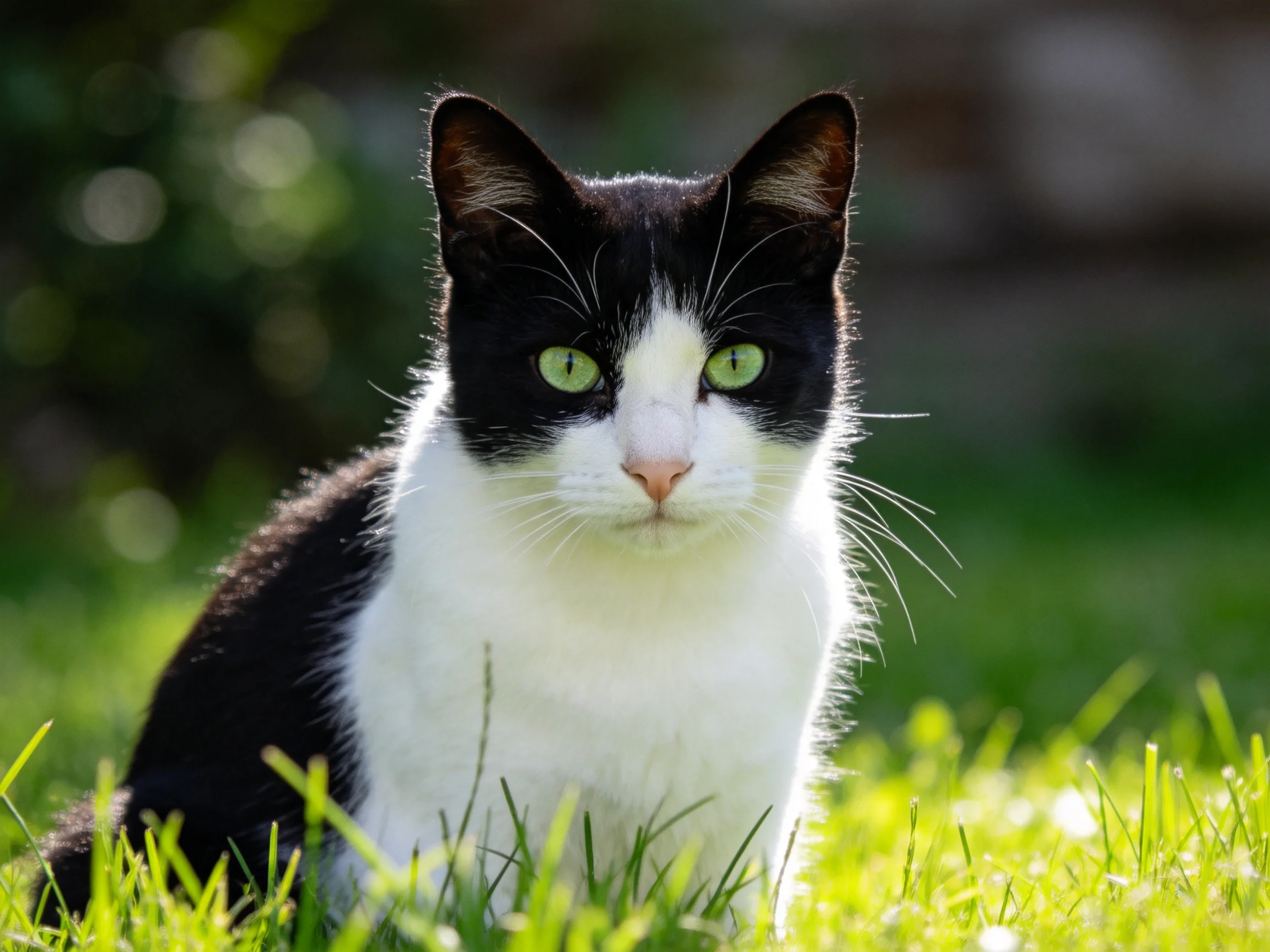 A black-and-white cat with green eyes is in a grassy outdoor area.