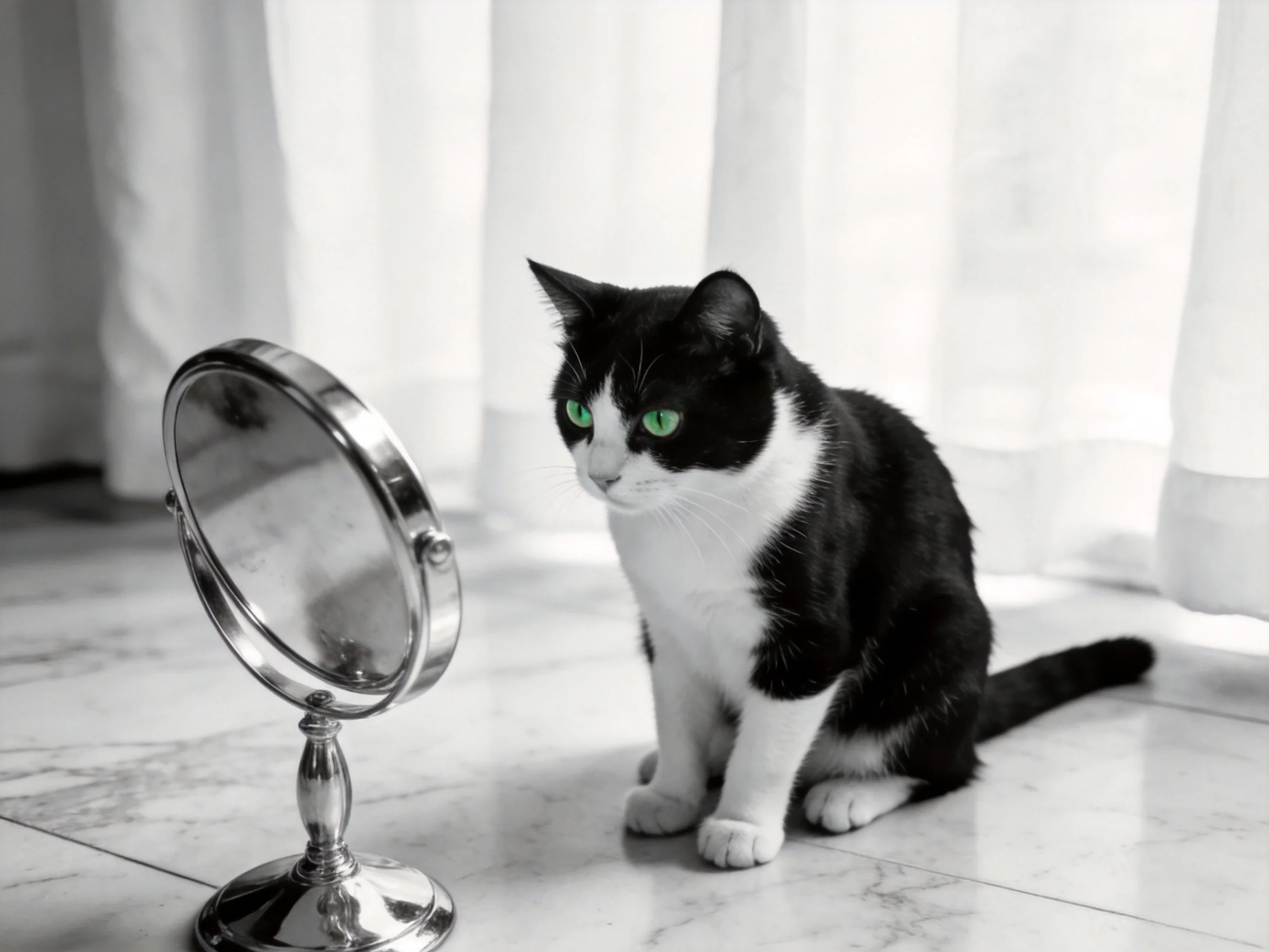 A black-and-white cat with green eyes sits by a round mirror on a tiled floor