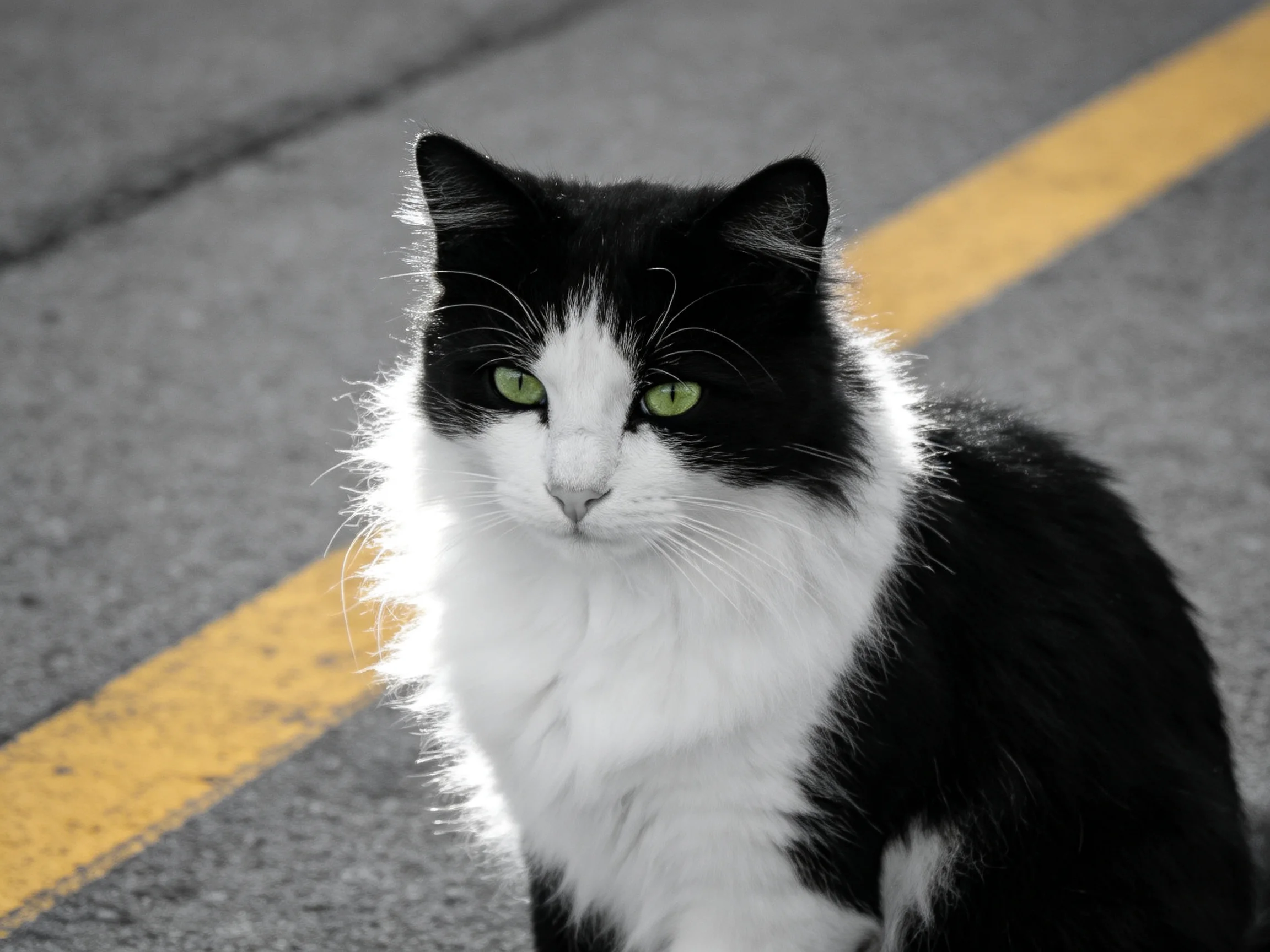 A black-and-white cat with green eyes rests beside a yellow road stripe