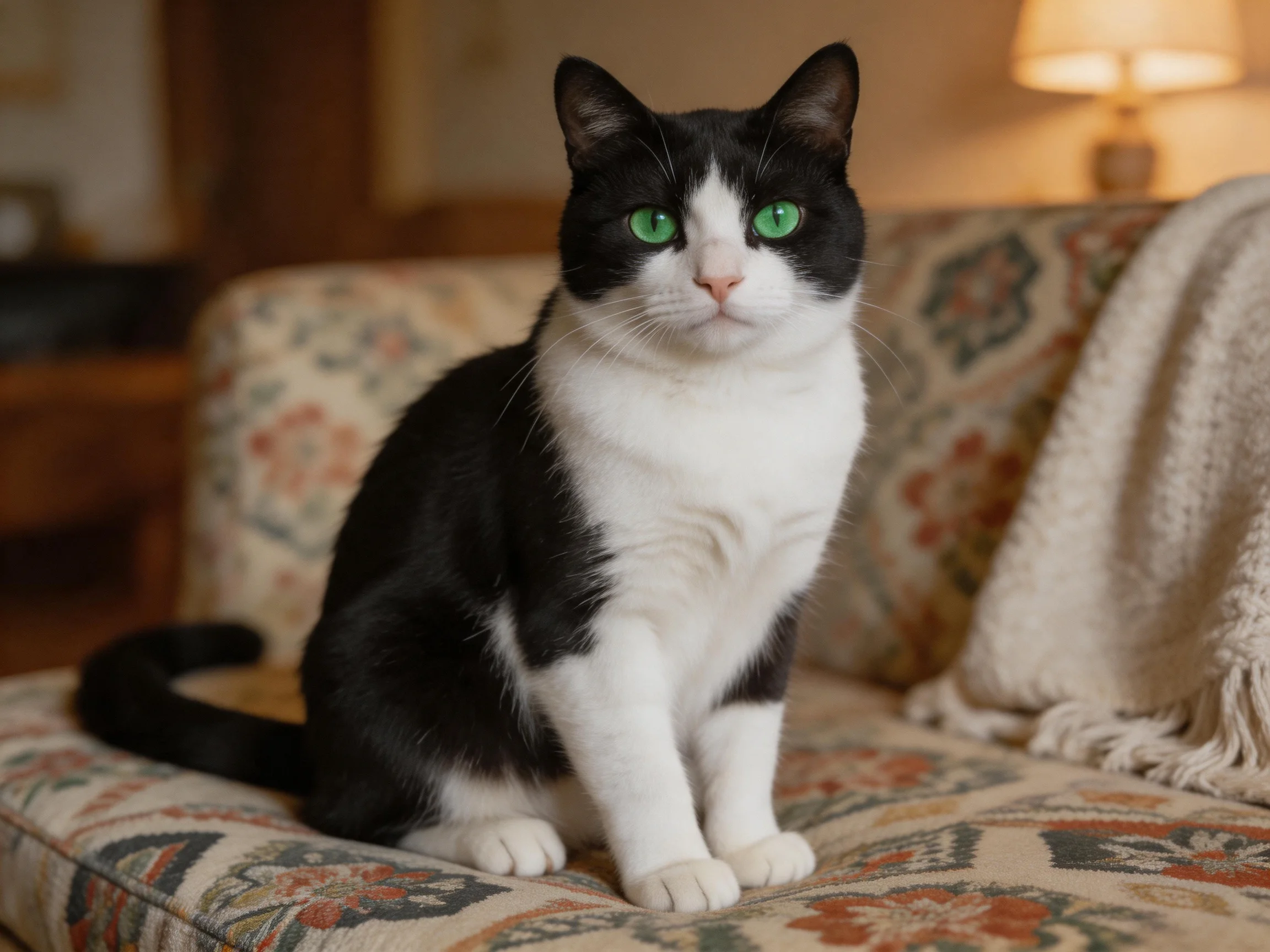 A black and white cat with green eyes sits on a patterned couch.