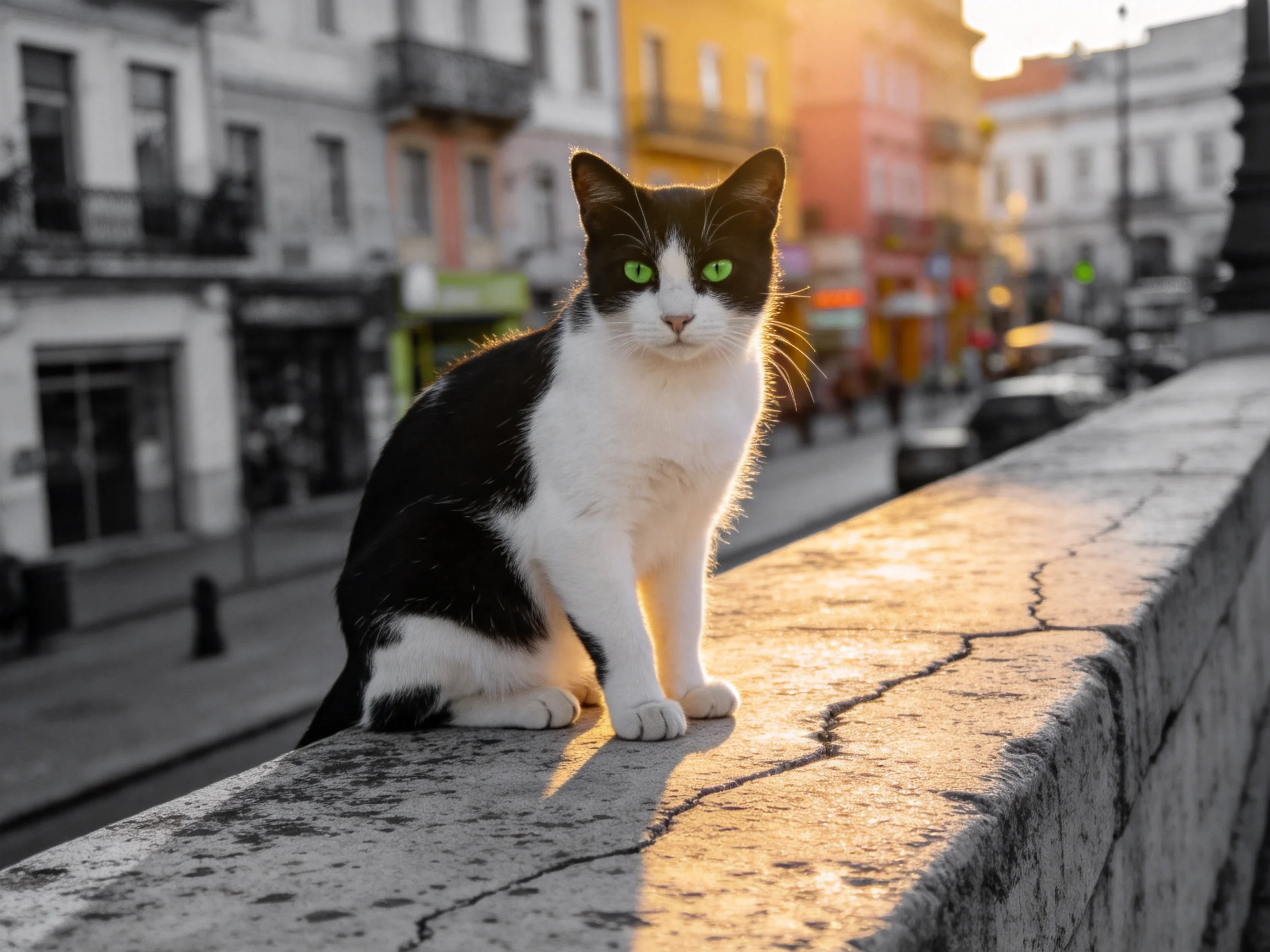 A black-and-white cat with green eyes sits on a stone ledge amid an urban setting