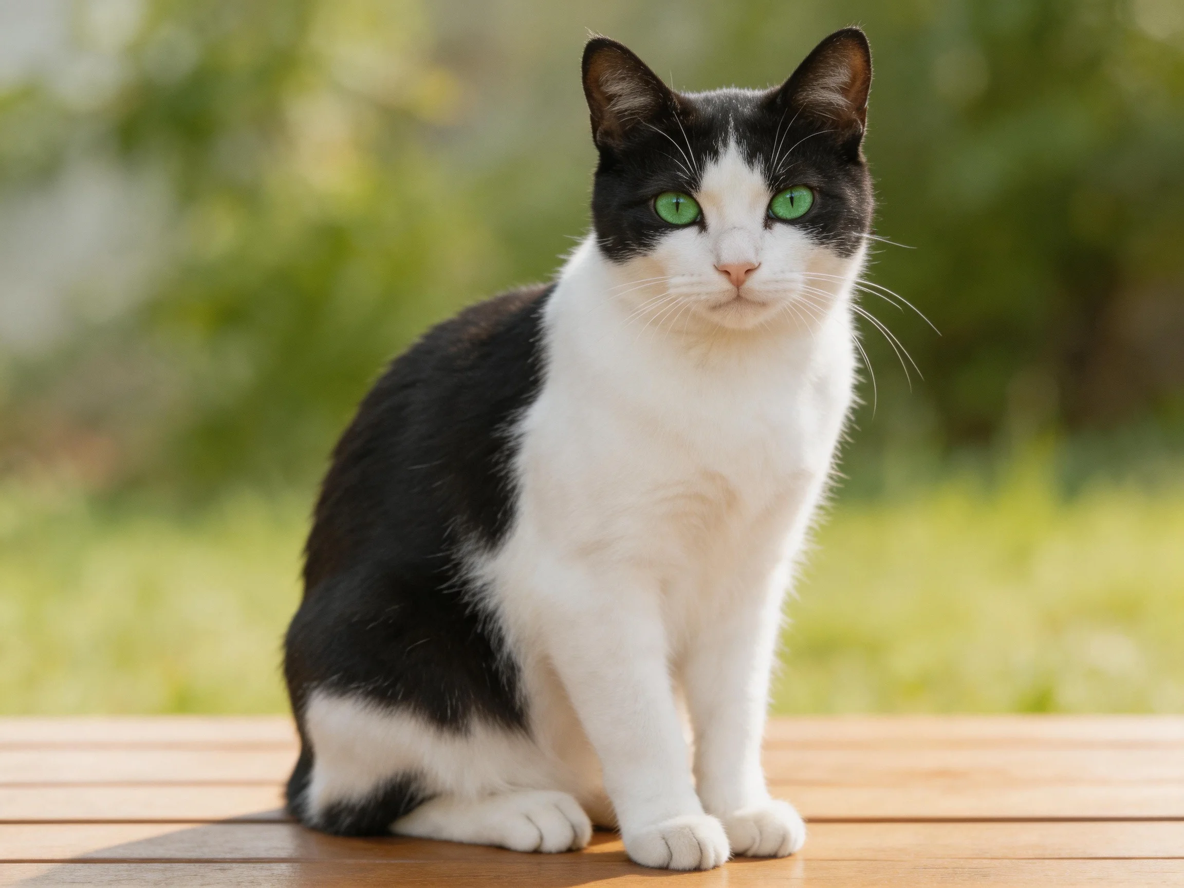 A black-and-white cat with green eyes sits on a wooden table in an outdoor area.