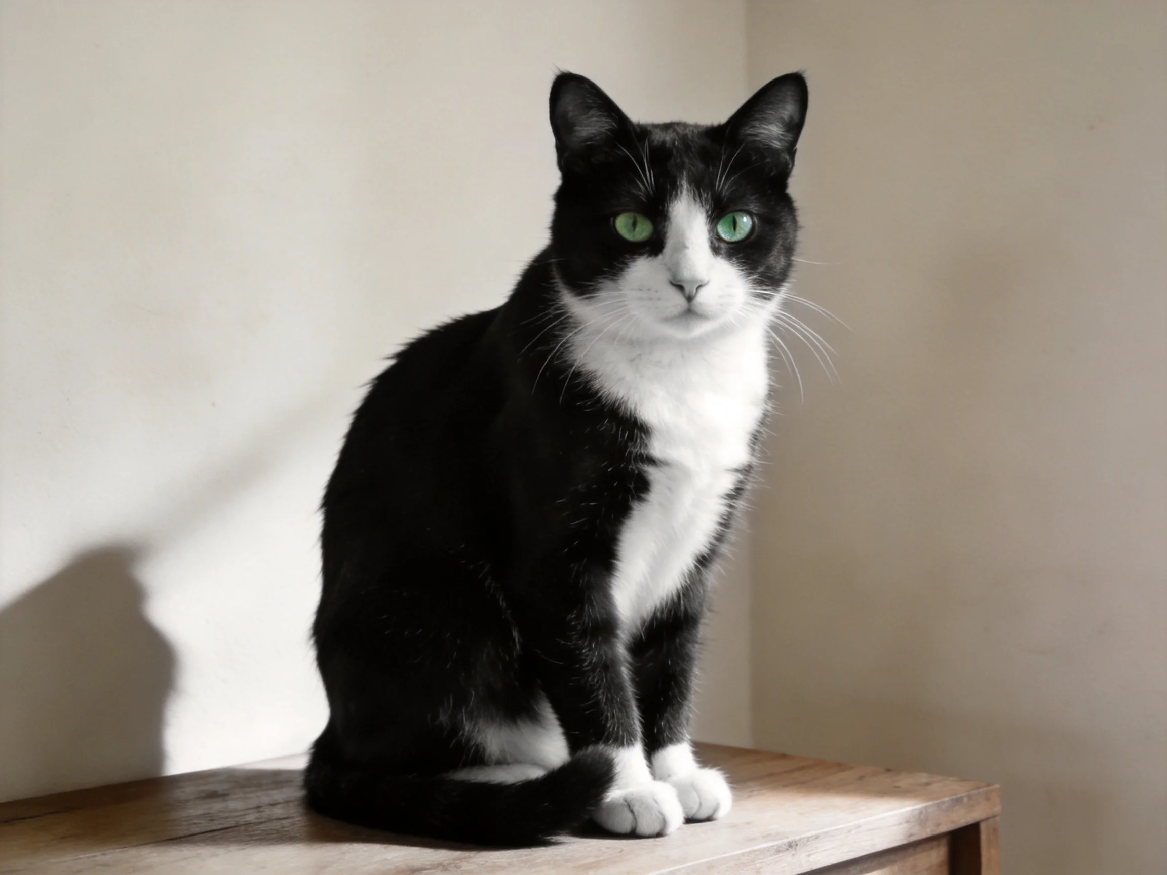A black and white cat with green eyes sits calmly on a wooden surface near a plain wall