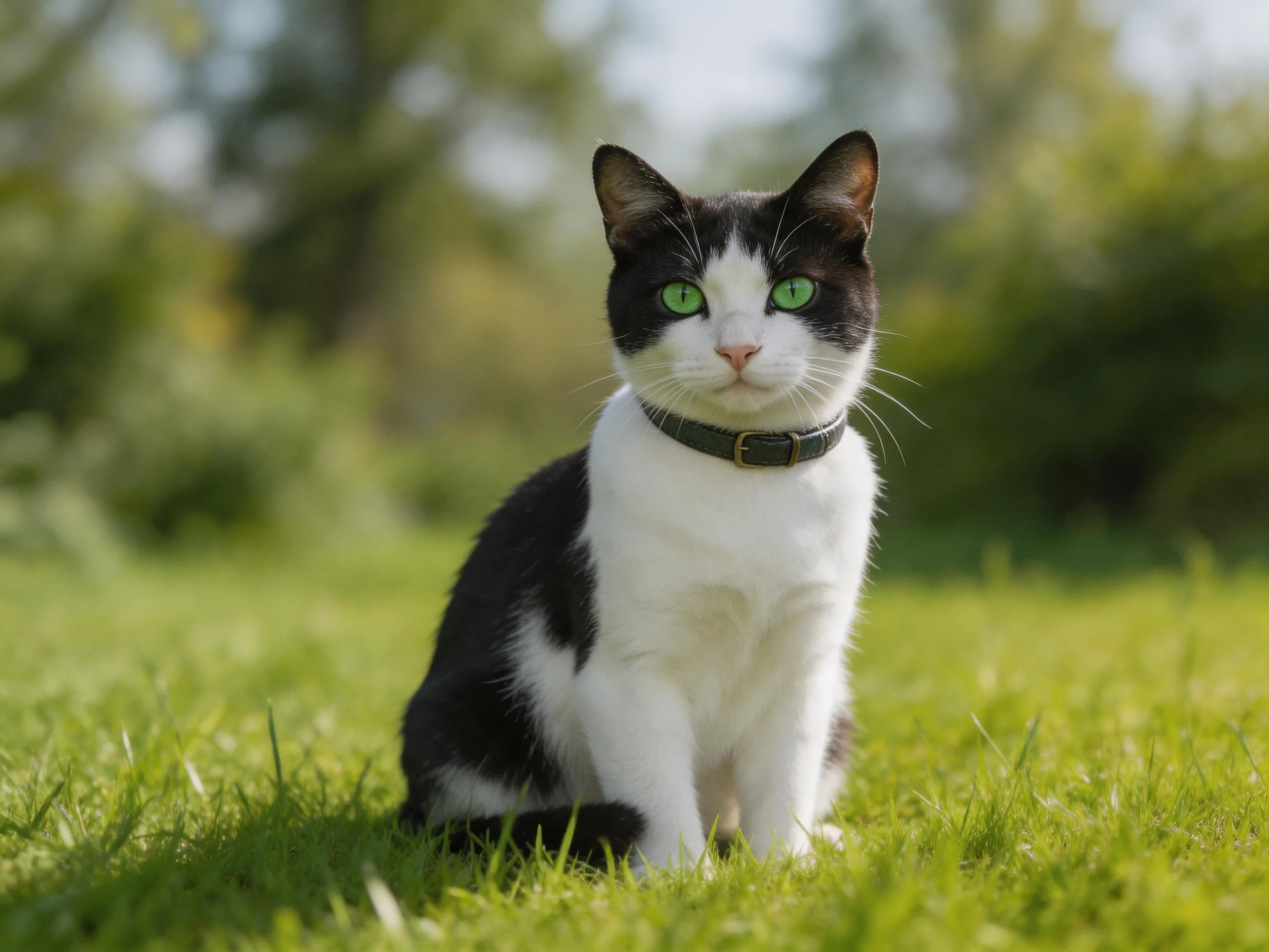A black-and-white cat with green eyes sits on grass in a sunlit outdoor area.