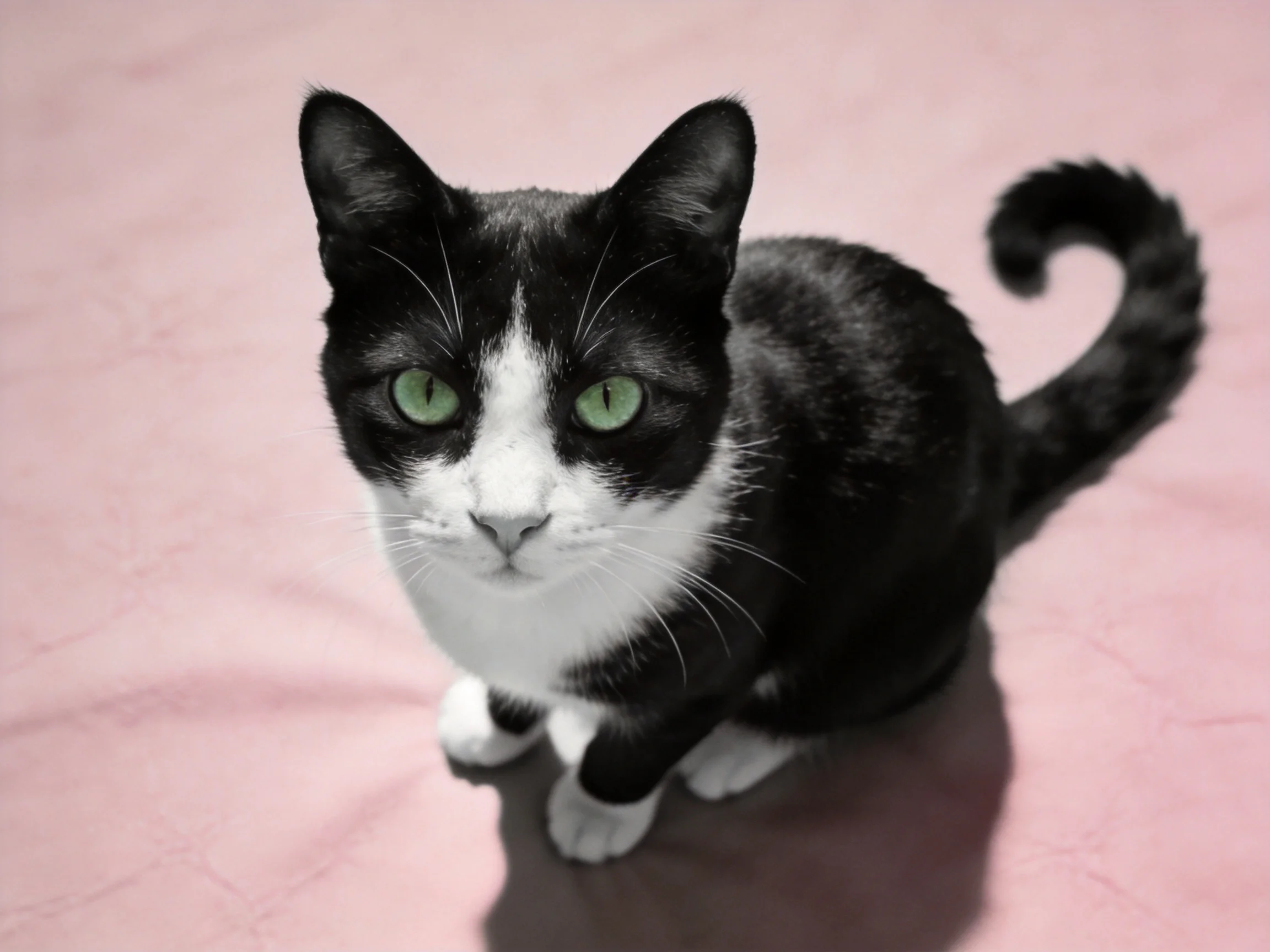 A black and white cat with green eyes rests on a pink surface.