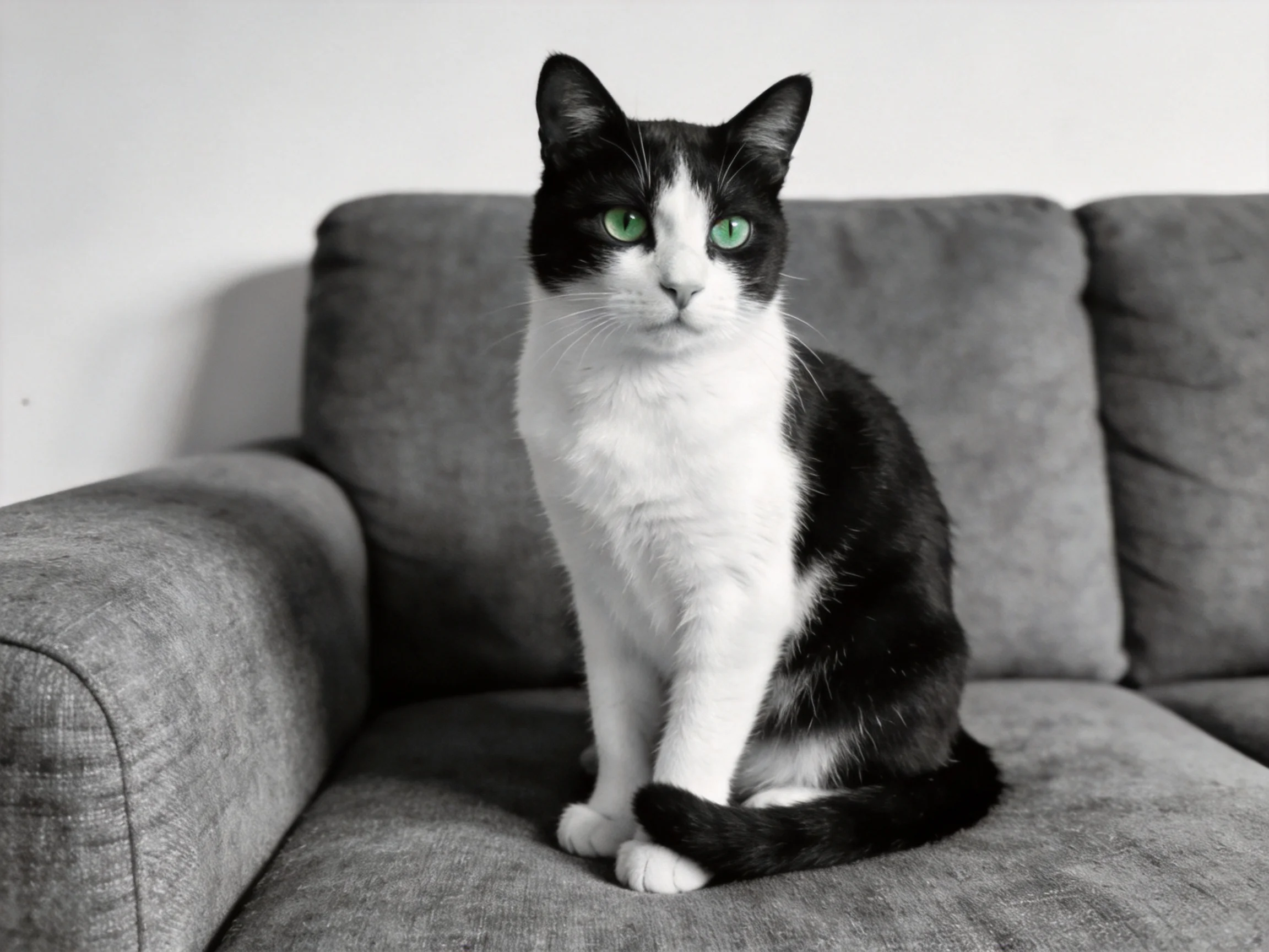 A black-and-white cat with green eyes sits calmly on a gray sofa.