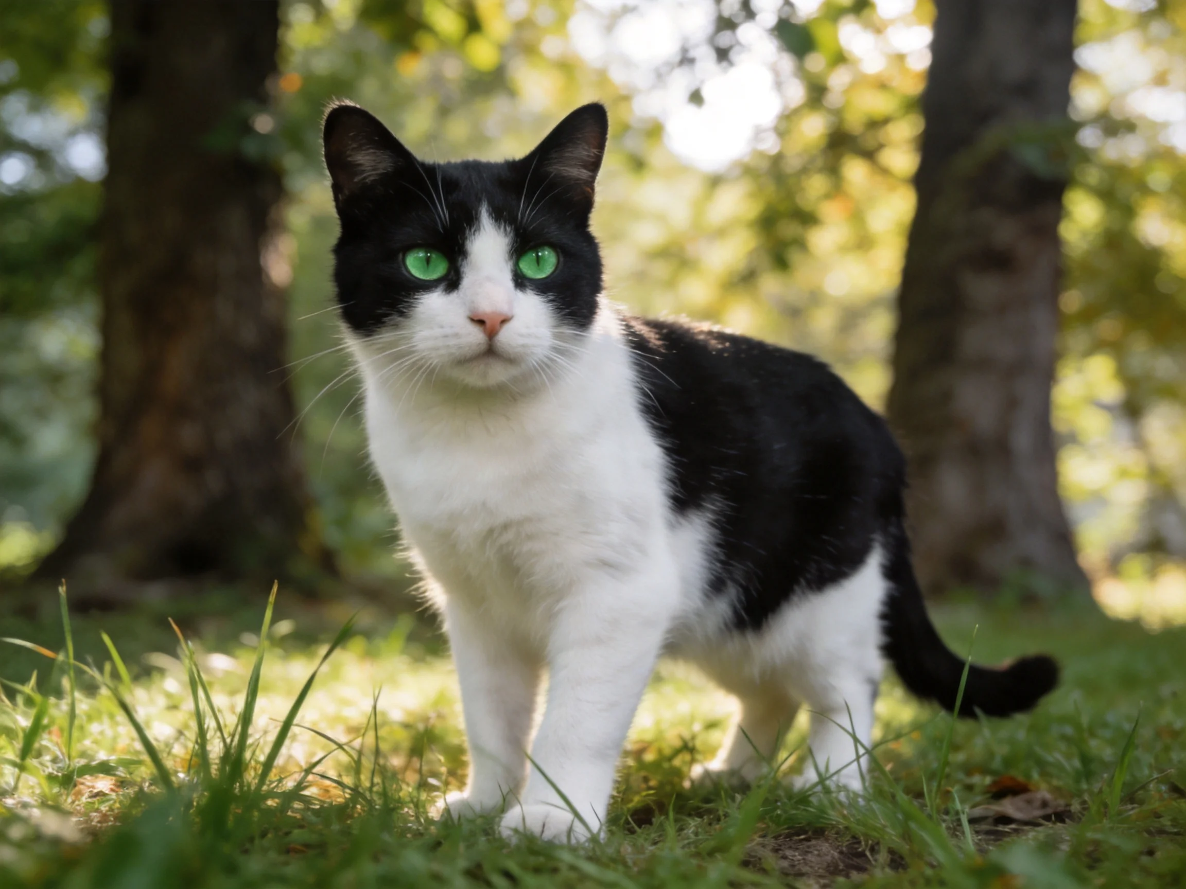 A black-and-white cat with green eyes stands alert in a sunlit outdoor area.