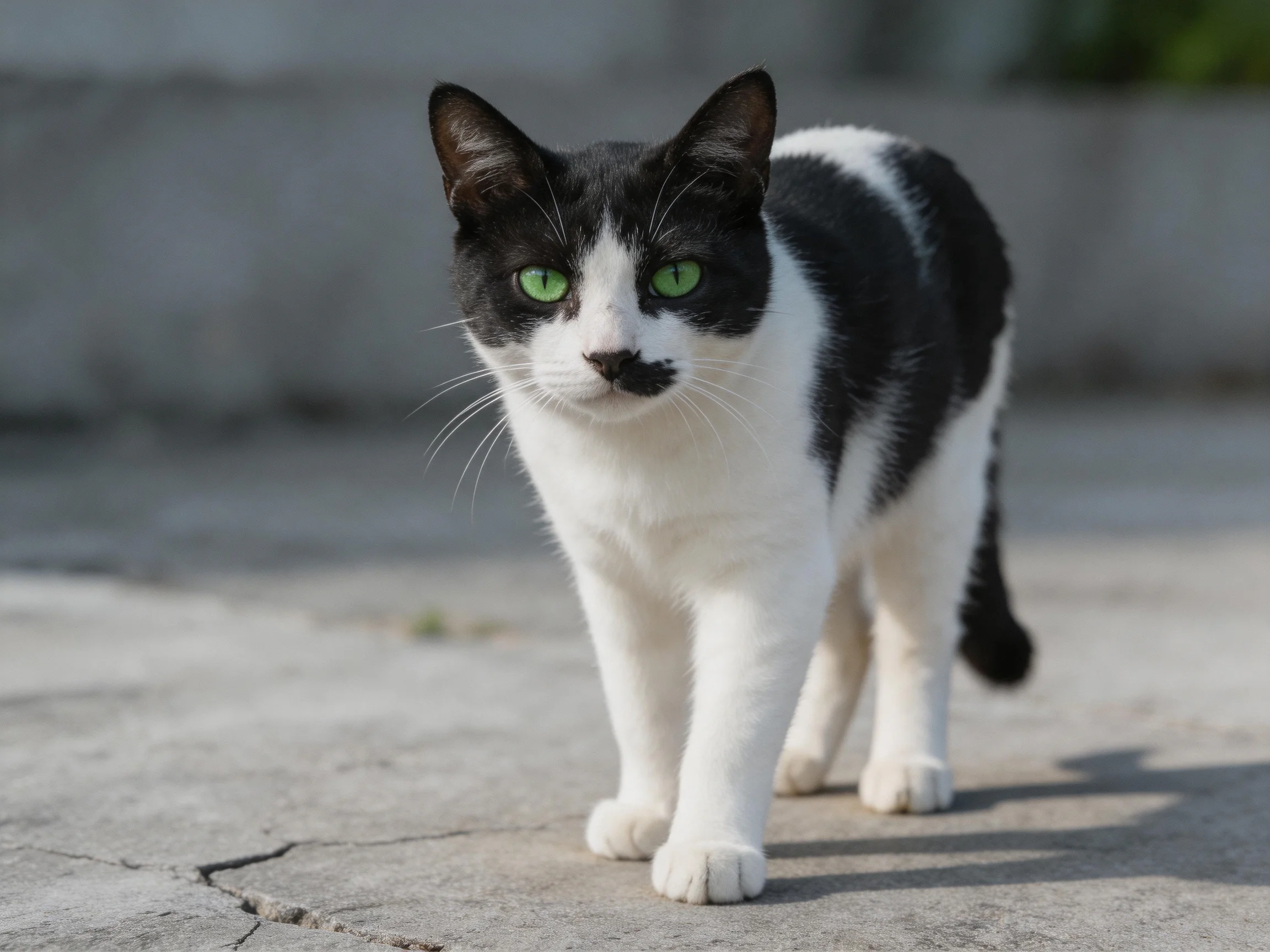 A black-and-white cat with green eyes walks on cracked pavement.