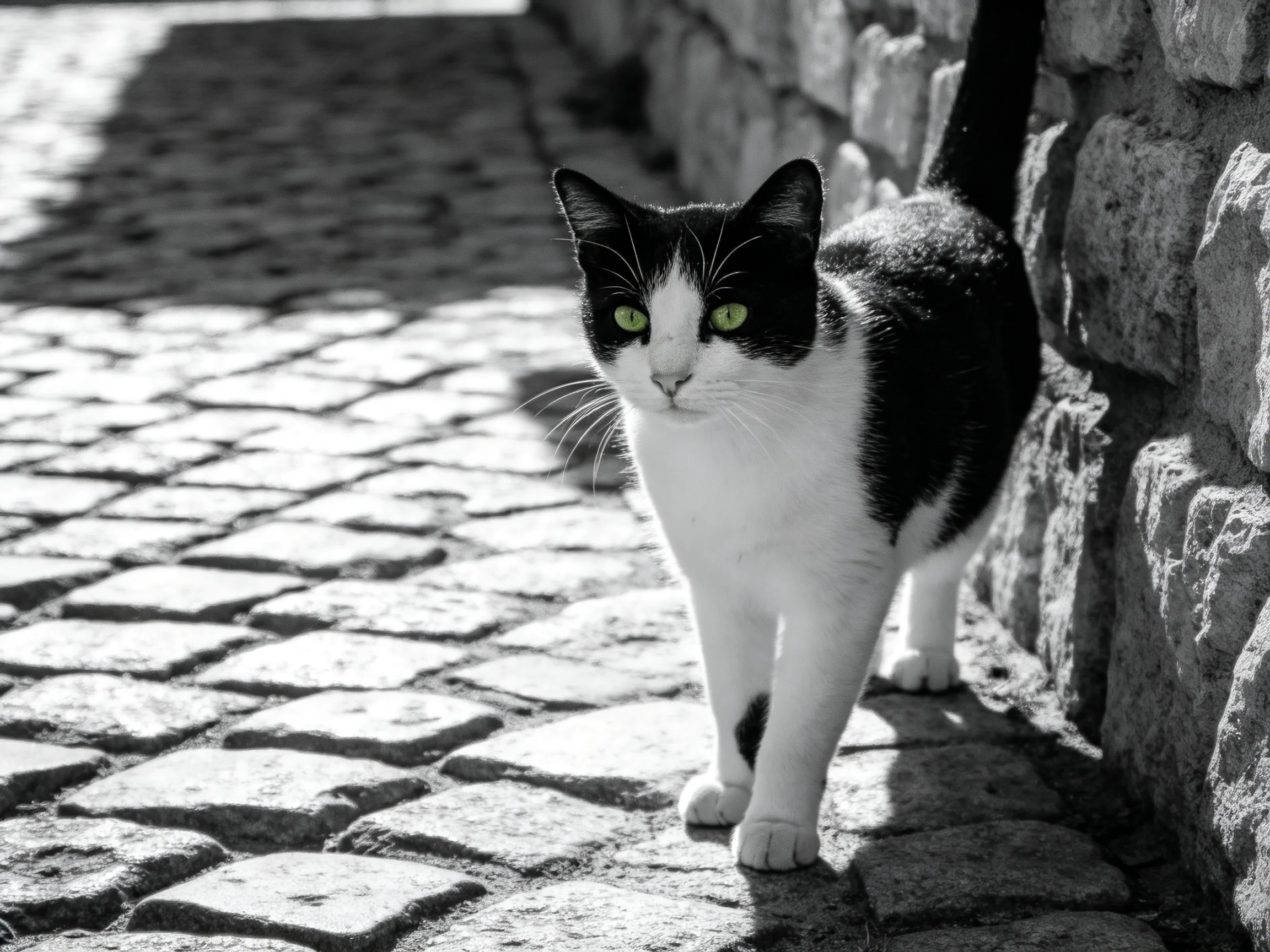 A black-and-white cat with green eyes walks on a cobblestone path next to a stone wall.