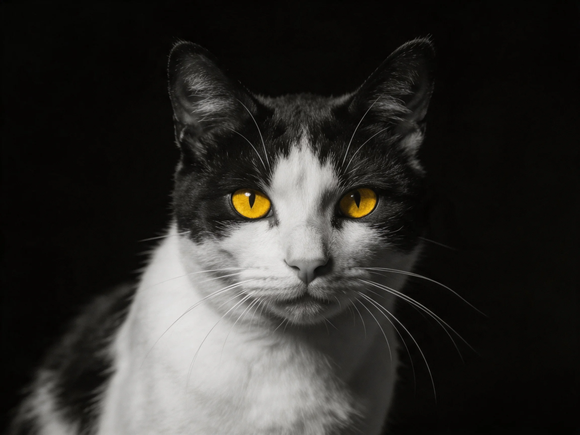 A black-and-white cat with bright yellow eyes against a dark backdrop