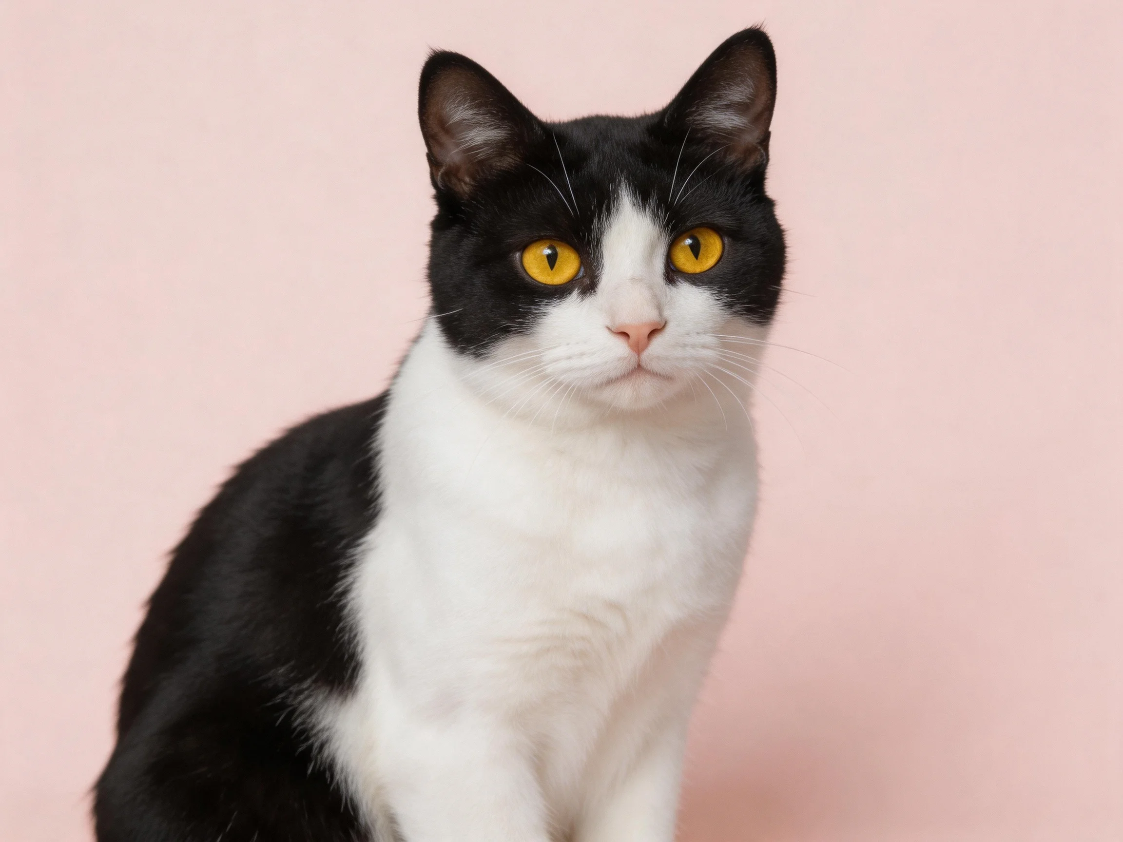 A black and white cat with yellow eyes sits calmly before a pink background.