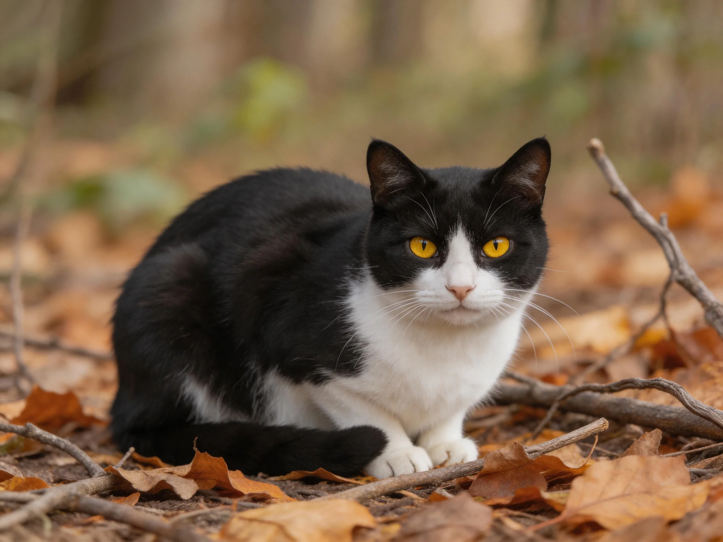 A black-and-white cat with bright yellow eyes amid fallen autumn leaves