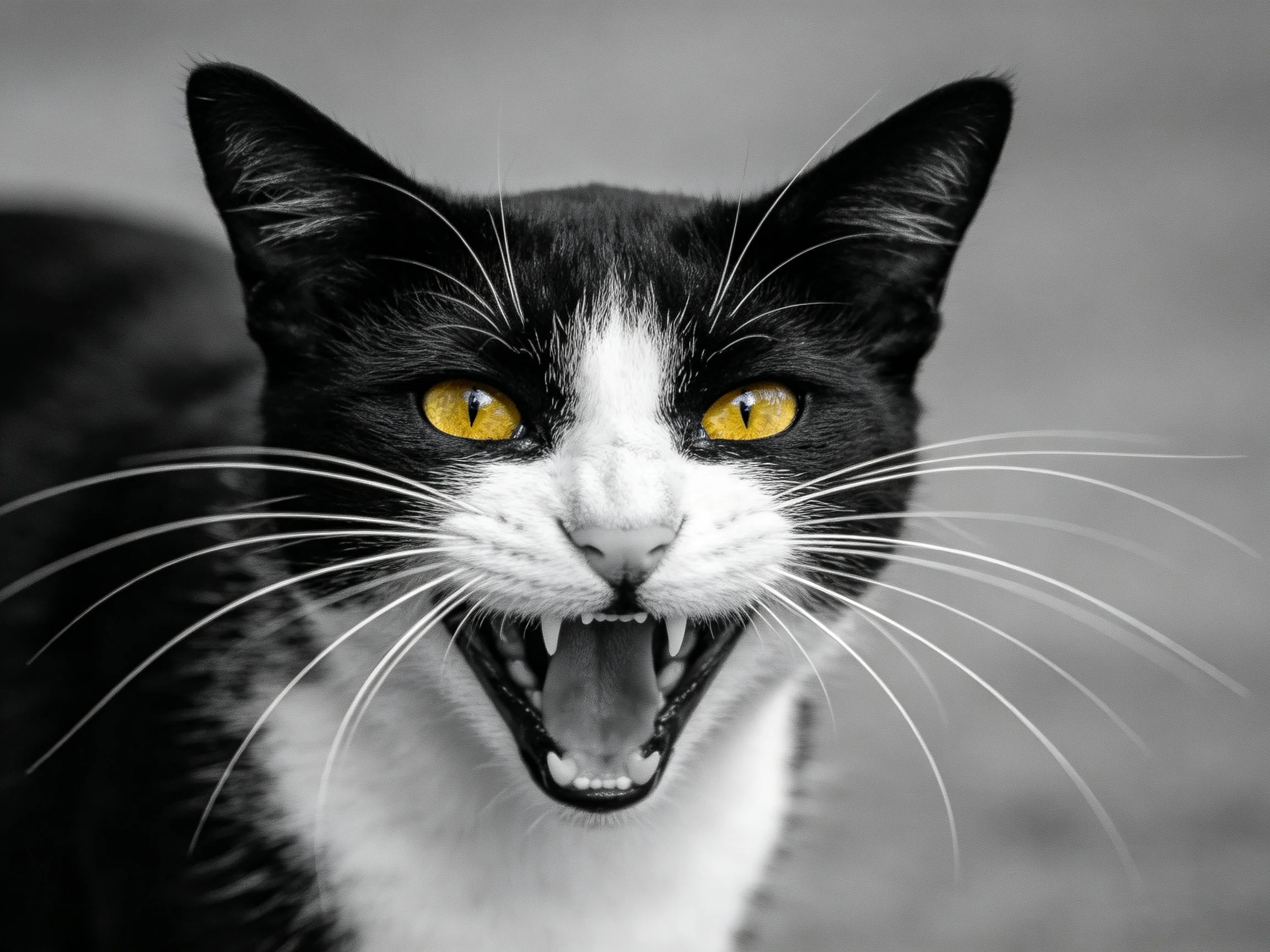 A black-and-white cat with yellow eyes shows its teeth.