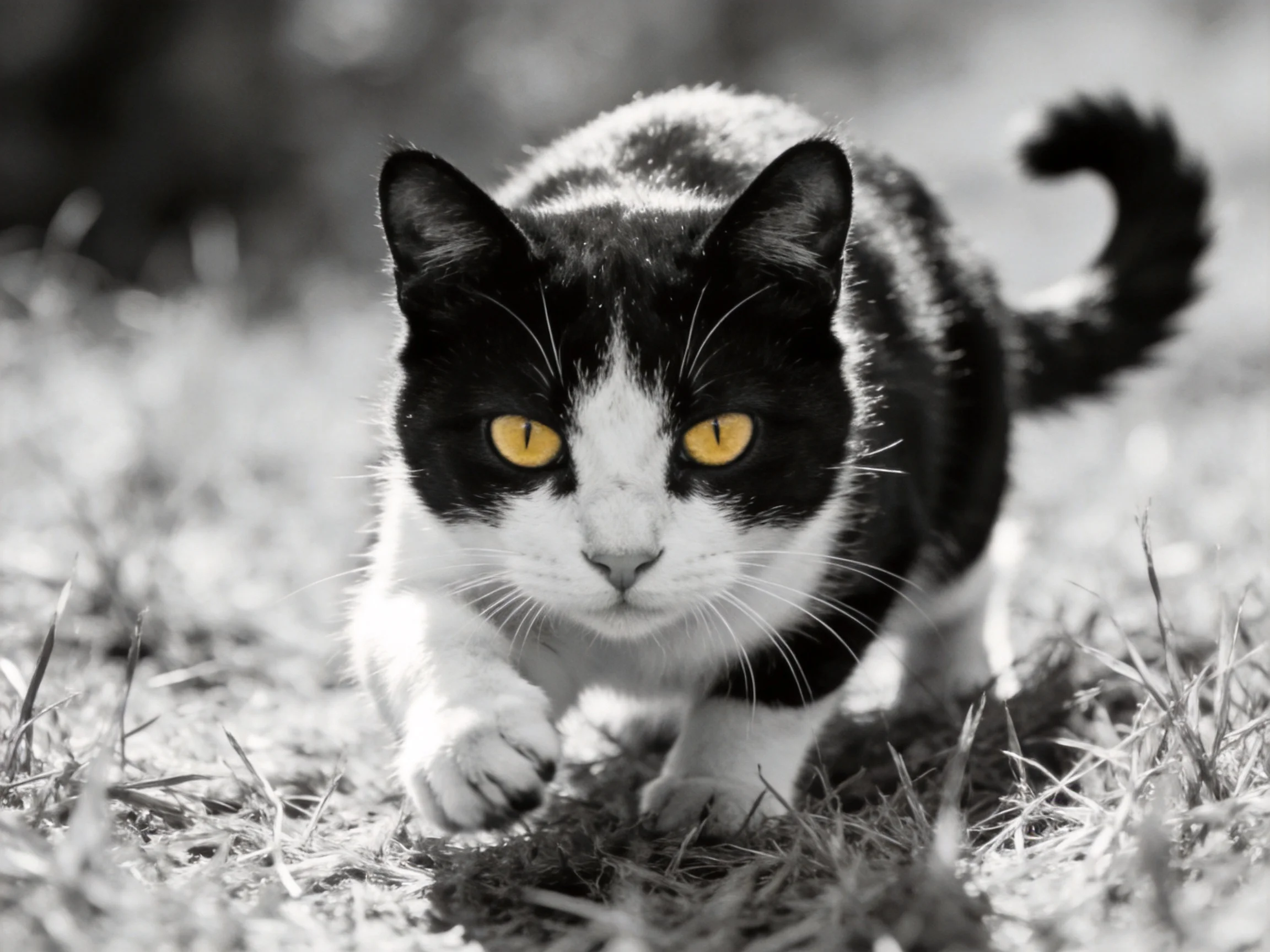 A black-and-white cat with bright yellow eyes moves through grass