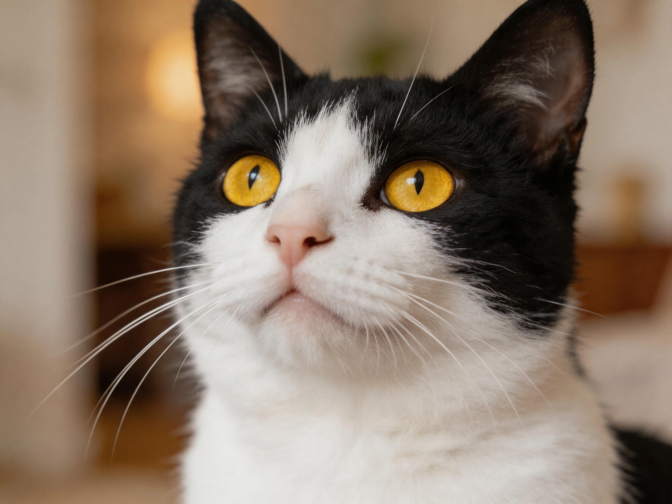 A black and white cat with bright yellow eyes looks upward in a softly lit room.