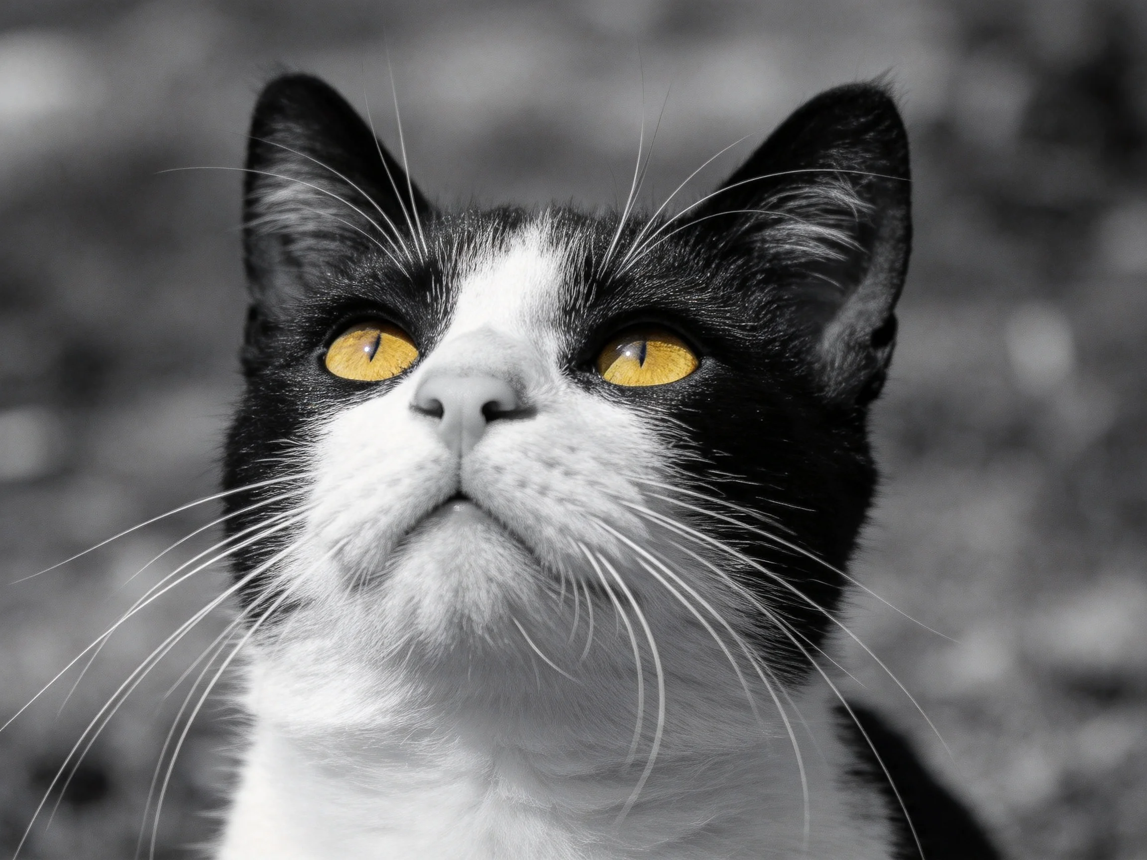 A black-and-white cat with bright yellow eyes gazes upward