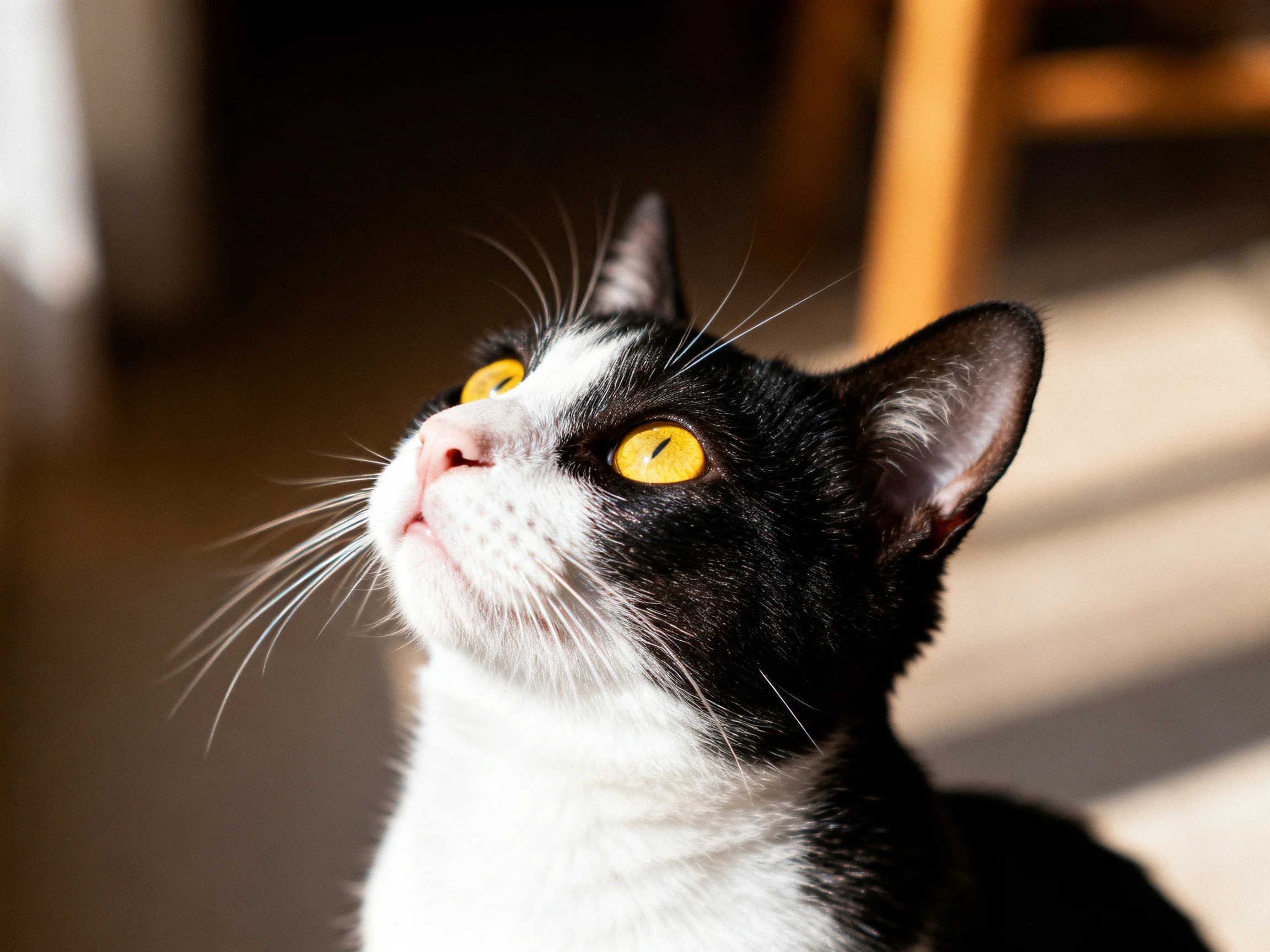 A black-and-white cat with yellow eyes looks upward in a softly lit interior setting.