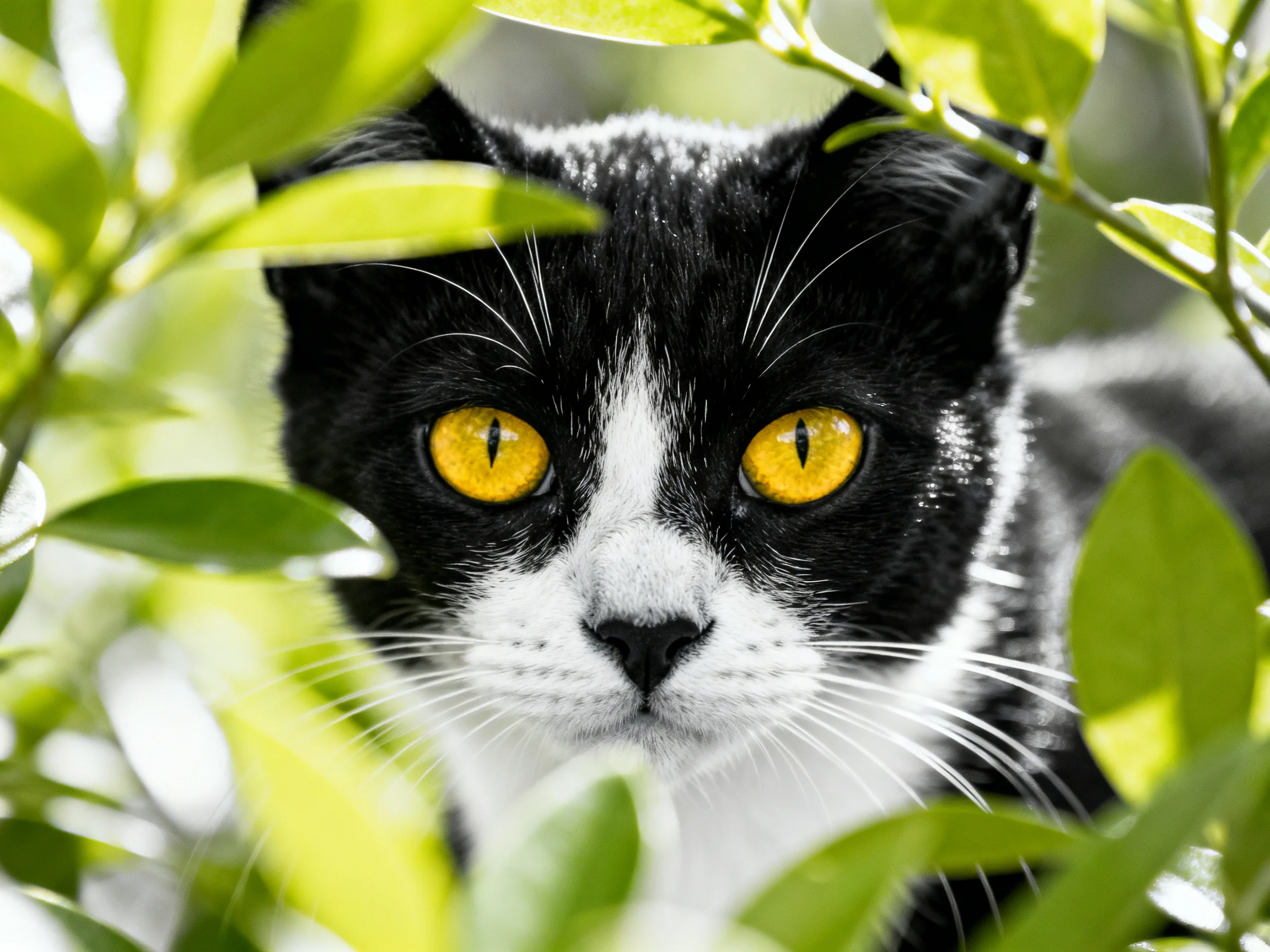 A black-and-white cat with bright yellow eyes is partially hidden by green leaves.